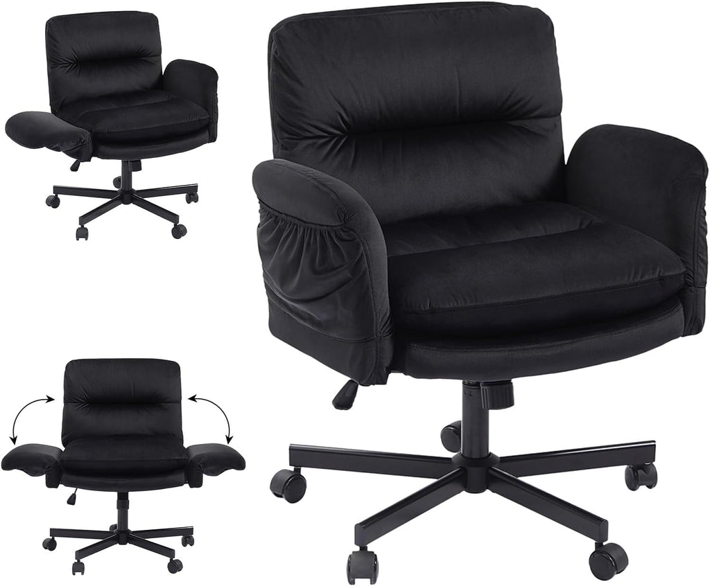 Bestier Criss Cross Office Chair with Flip-Up Armrests, Swivel Makeup Vanity Chair with Wheels & Side Pockets, Cross Legged Office Chair for Home Office, Bedroom, Black Velvet