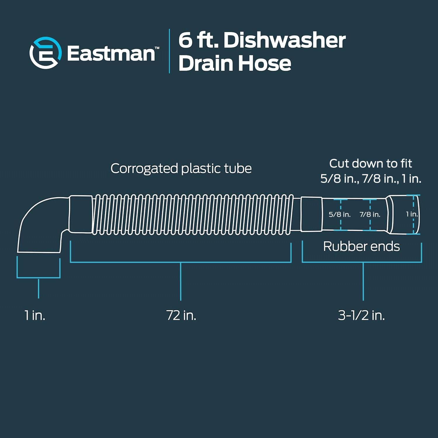 Eastman 6 Foot Dishwasher Drain Hose, Fit with 5/8 Inch, 7/8 Inch, or 1 Inch OD Drain Outlet, 90 Degree Rubber Elbow, Corrugated, Gray Polypropylene, 91227 (Pack of 10)