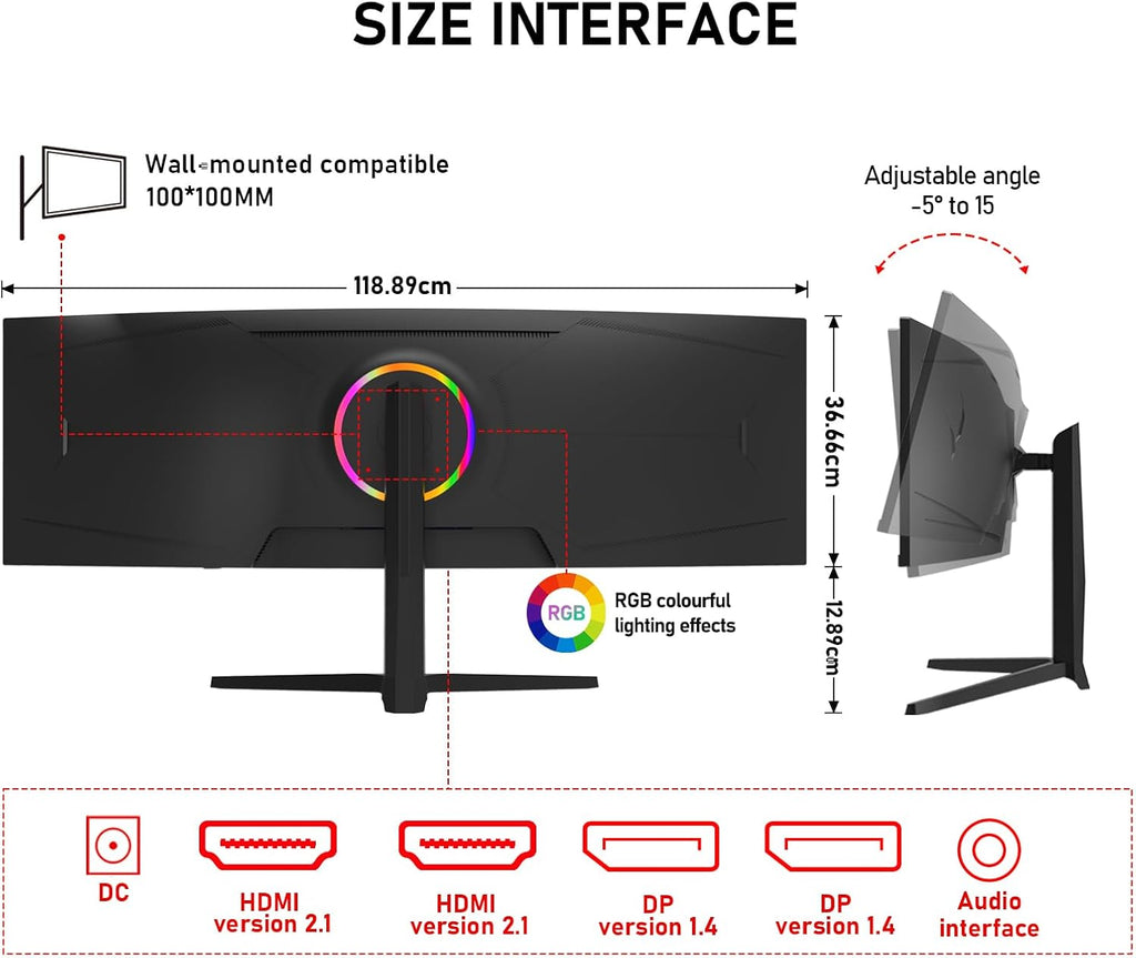 Gawfolk 49 Inch Curved Gaming Monitor 120hz,1500R PC Monitor Built-in Speakers, DQHD 5120x1440 Computer Screen for Home Office Business, DP, HDMI, Support Wall Mount 100x100mm