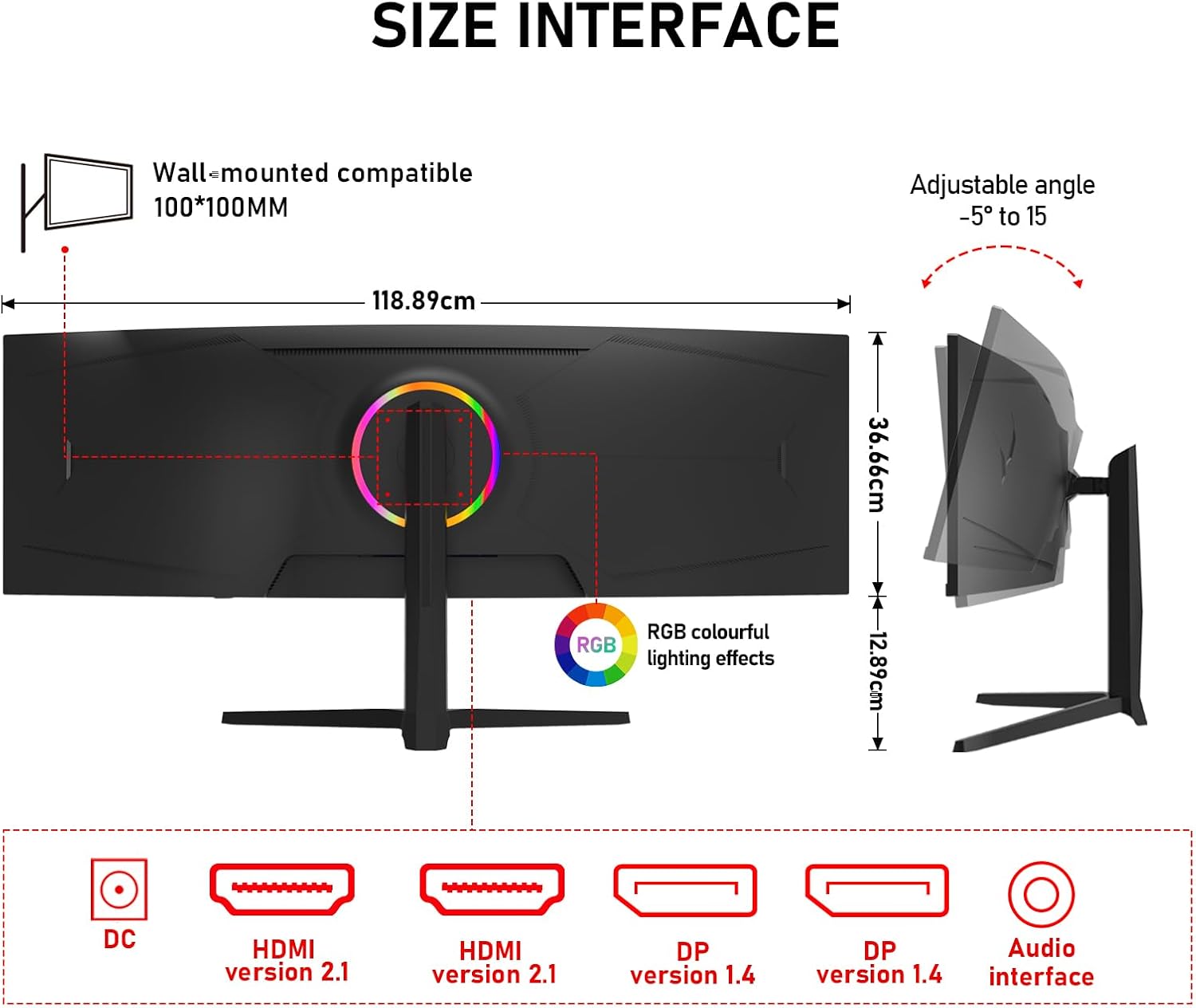 Gawfolk 49 Inch Curved Gaming Monitor 120hz,1500R PC Monitor Built-in Speakers, DQHD 5120x1440 Computer Screen for Home Office Business, DP, HDMI, Support Wall Mount 100x100mm