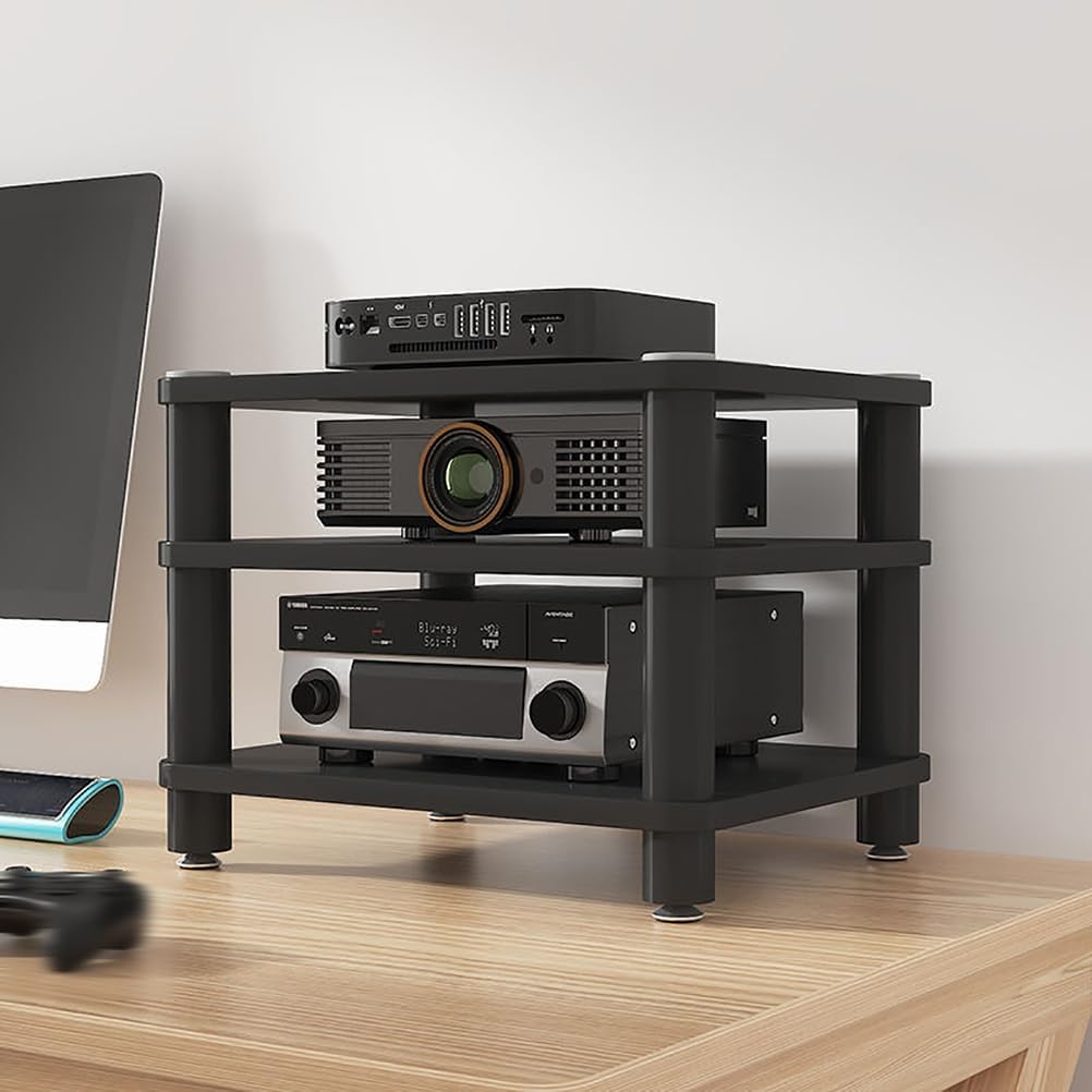 Desktop Video Audio Rack AV Media Stand with Wooden Shelf, Open Stereo Cabinet Corner Component Cabinet, Portable Media Storage Cabinet for Computer Desk,Black,3 Tier W 19.7″
