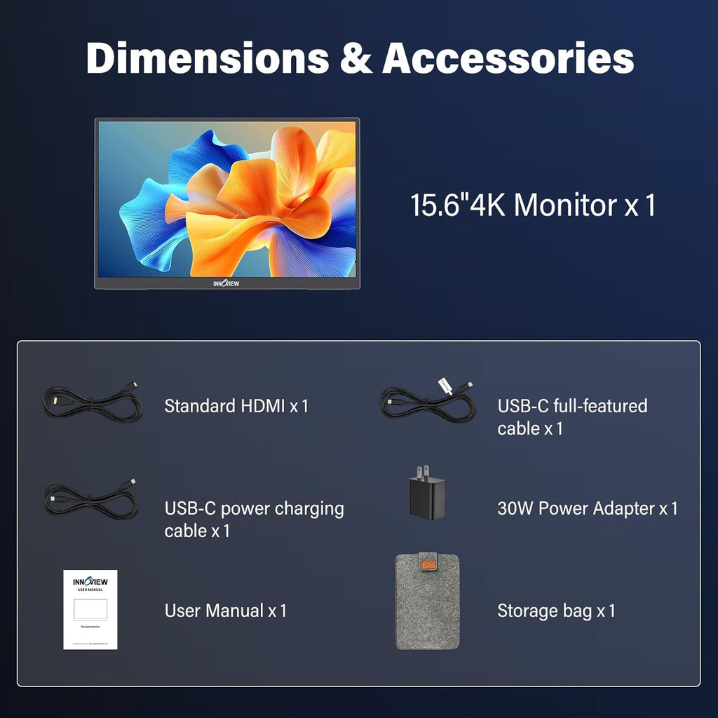 InnoView 15.6 inch Portable Monitor 4K UHD 3840x2160 | 100% sRGB HDR | External Monitor with 2 USB-C & HDMI Ports | Travel Second Monitor for Laptop Mac PC Xbox PS5 Switch (Includes Adapter)
