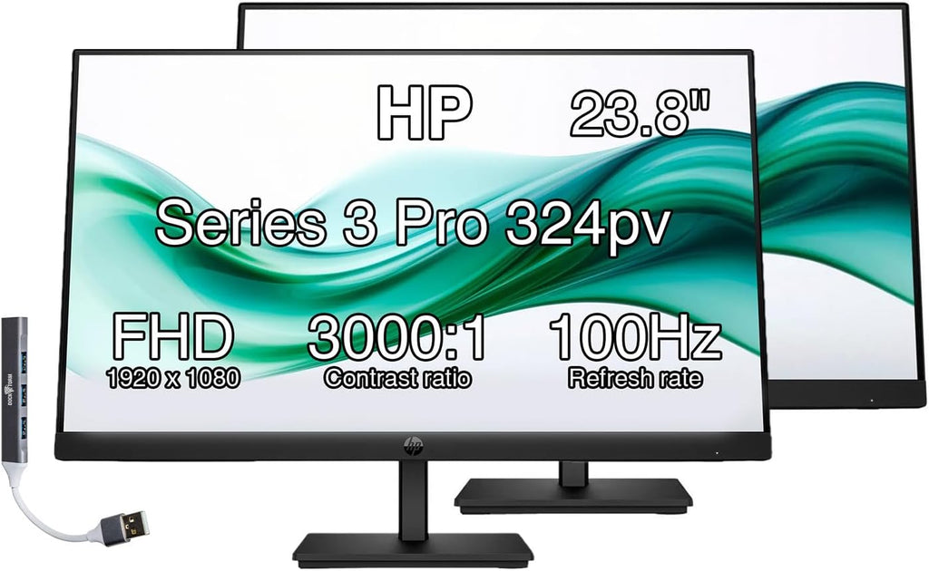 HP 24' Series 3 Pro 324pv FHD Monitor with 5 ms Response Time, Anti-Glare, Flicker Free,VESA Mount (100x100mm), HDMI, VGA & Dockztorm USB Port Expander, Black (9U5C1AA#ABA) (2026 Latest Model) 2-Pack