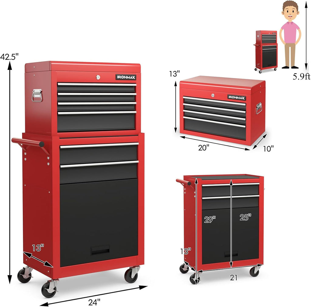 IRONMAX Rolling Tool Chest, 6-Drawer Lockable Tool Cabinet w/ 4 Universal Wheels, 2 in 1 Detachable Tool Box Storage Organizer for Garage Workshop Repair Shop (6-Drawer, Black & Red)