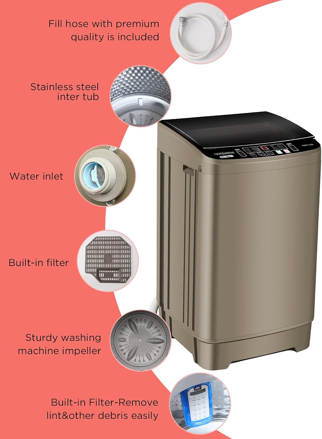 F.W.WOOLWORTHS 17.7 lbs Washing Machine with Drain Pump, Full Automatic Washer with 10 Wash Programs 8 Water Levels for Home, Apartment, RVs, Dorm, Glod