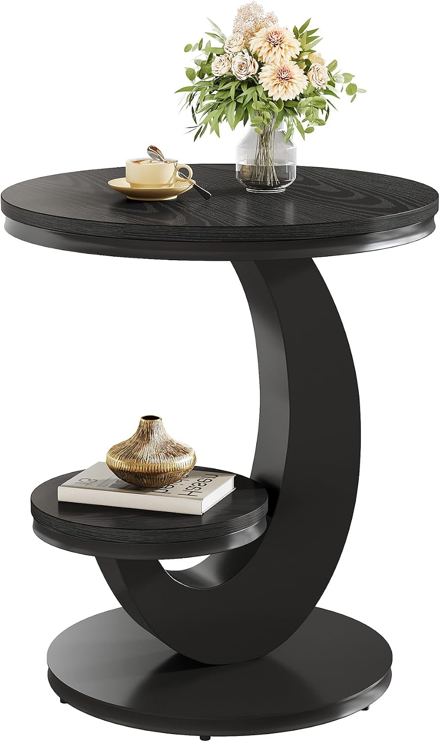 Tribesigns Round End Table, 2 Tiers Side Table with Storage Shelf, Sofa Side Bedside Nightstand with Wood Metal Arc-Shaped Frame for Small Spaces, Living Room, Bedroom, Easy to Assemble, Black (1PCS)