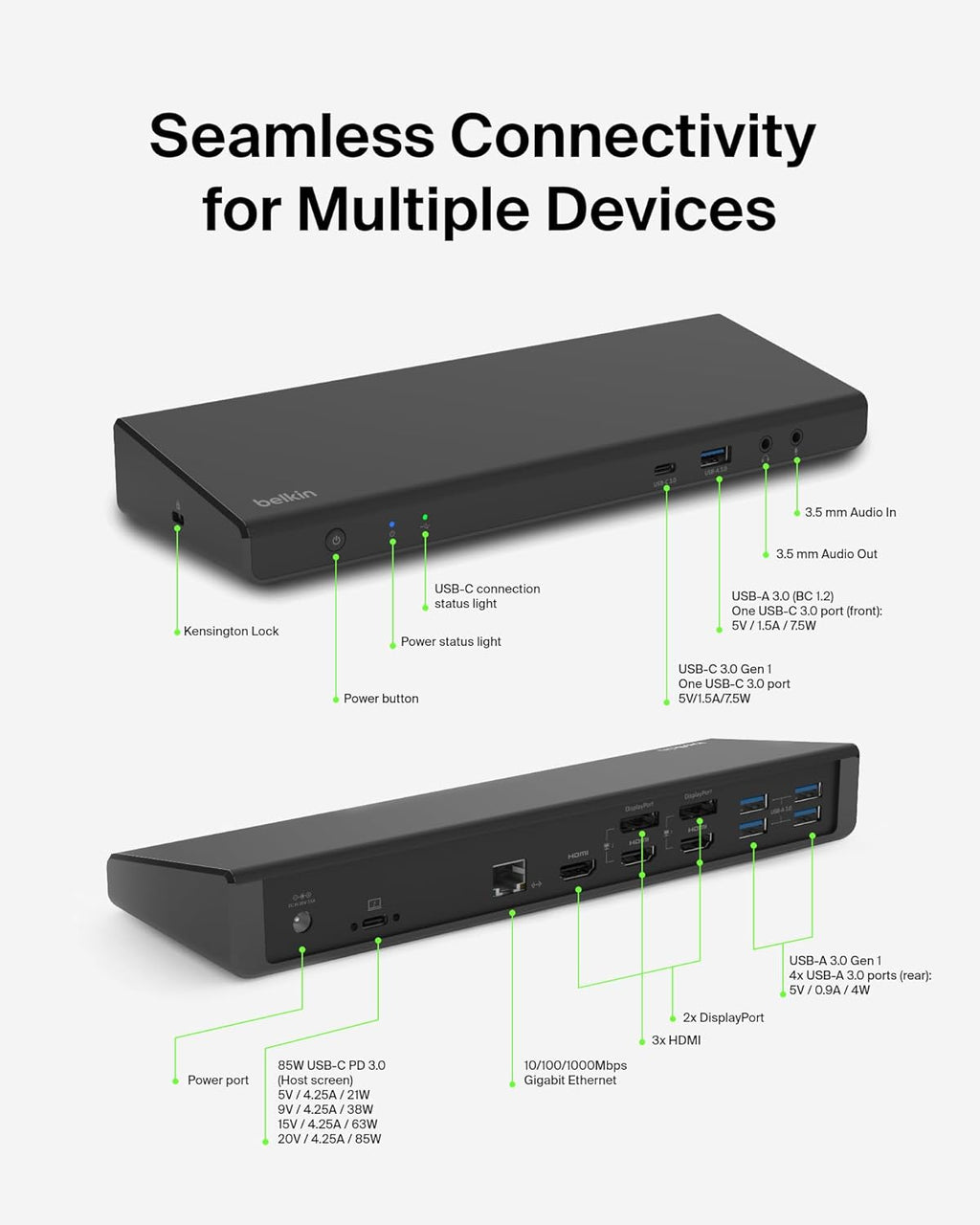 Belkin 15-in-1 Universal Triple Display DisplayLink Docking Station Hub w/ 3 HDMI Ports, 2 DisplayPorts for Triple 4K Display w/ 85W PD, 3.5mm Mic/Speaker, 1 USB-C, & 5 USB-A Ports, Black