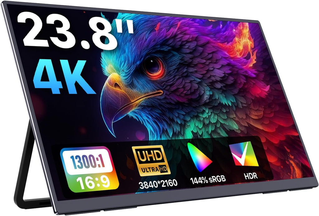Upperizon Portable Monitor 23.8 inch 4K 3840X2160 144% sRGB 60Hz HDR HDMI USB-C Travel Monitor for Laptop MacBook PC Surface PS5 Xbox, Large External Display with Kickstand & Speakers, VESA Compatible