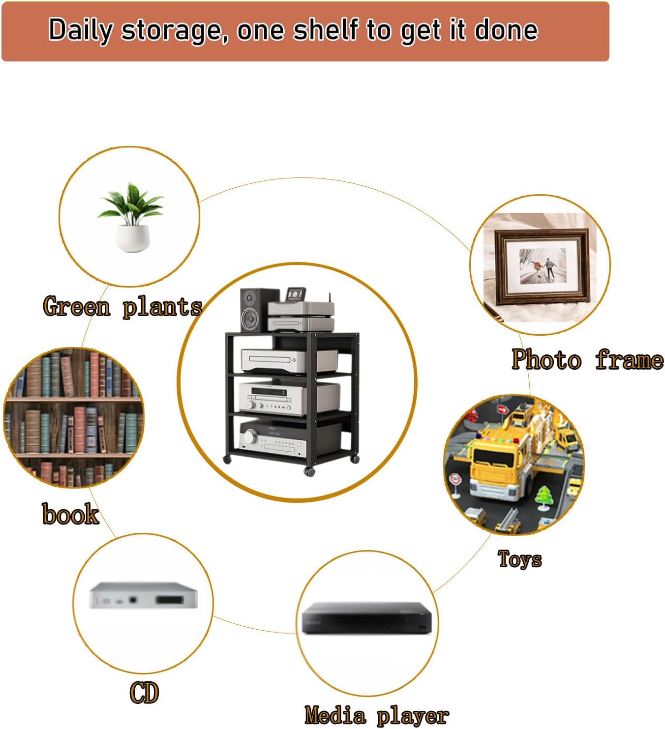 3/4/5Tier Media Rack with Shelf Height Adjustable Component Cabinets, Floor Standing Removable Stereo Cabinet Corner, Av Component Media Racks for Home, Office, and Theatres (4 Tier-YM)