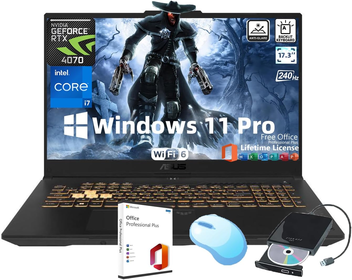 ASUS TUF F17 Gaming Laptop • 17.3'' WQHD 240Hz Display • NVIDIA GeForce RTX 4070 • Intel i7-13620H • Backlit KB • Win 11 Pro • w/Office Lifetime & External DVD Drive • Wi-Fi 6 • 64GB DDR5 • 2TB SSD