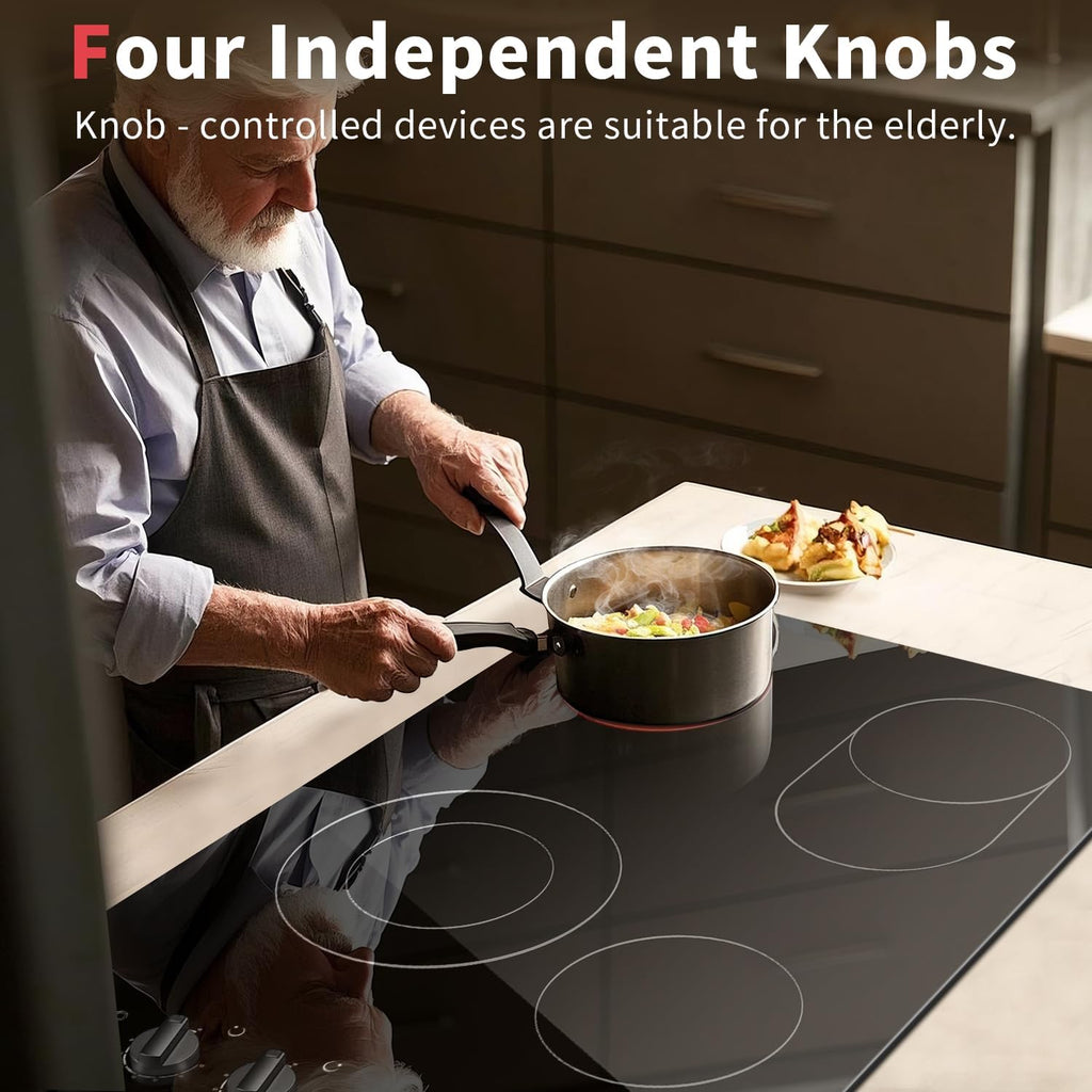 Noxton 4 Burner Electric Cooktop 30 Inch, Knob Control Ceramic Cooktop, 30' Radiant Electric Stove Top with Extended Zone, Hot Surface Indicator,9 Power Levels, 32Amps 220-240v Hard Wire(No Plug)