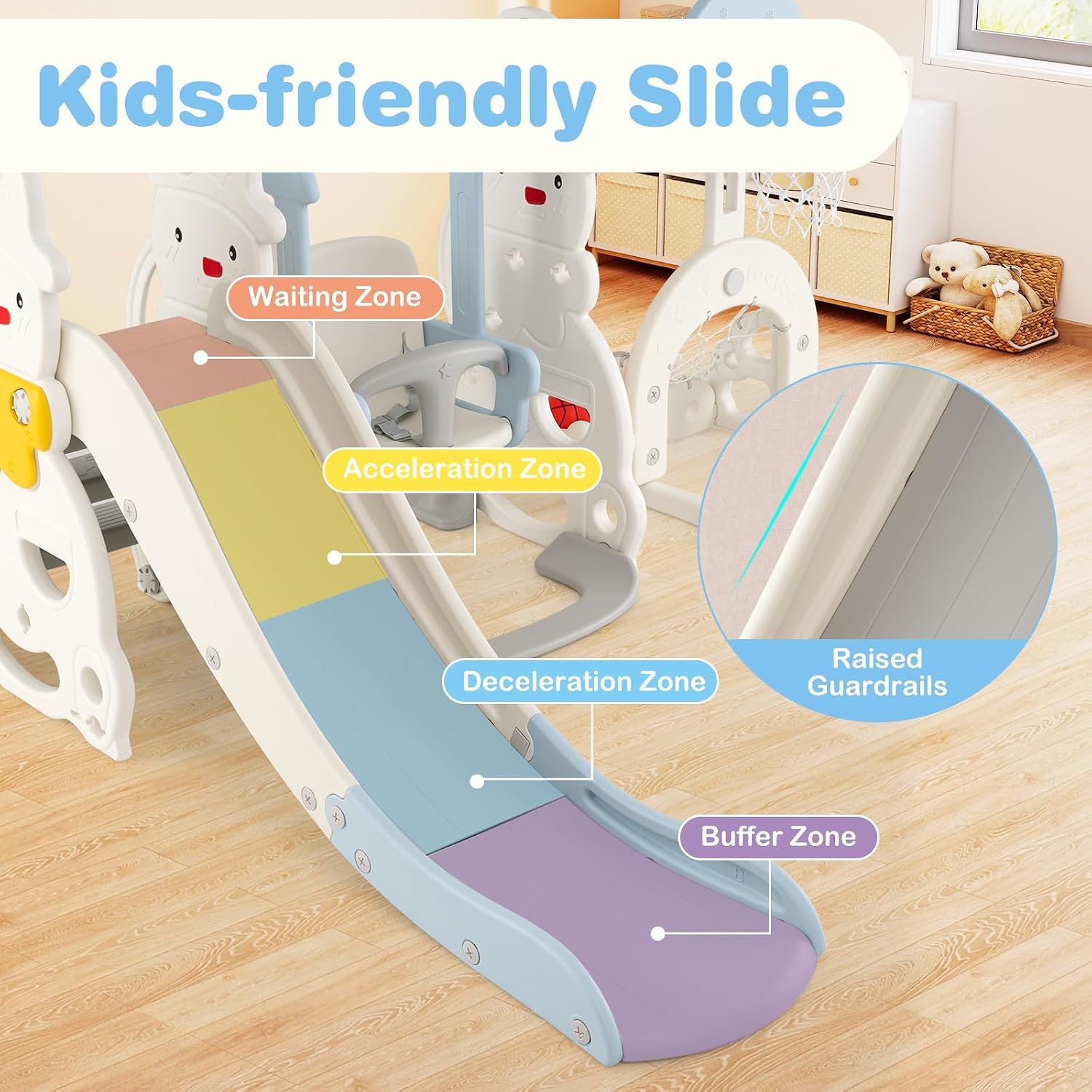 Costzon Toddler Swing and Slide Set, 7 in 1 Toddler Slide for Kids w/Height Adjustable Basketball Hoop & Swing, Climber, Golf, Soccer, Ring Tossing, Freestanding Indoor Playground for Girls & Boys