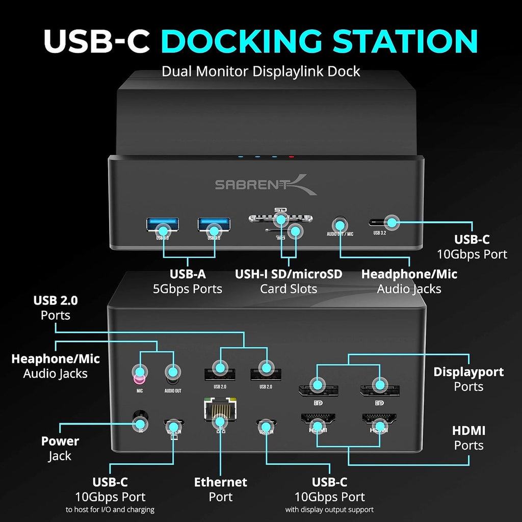 SABRENT USB C Docking Station, Dual 4K@60Hz DisplayLink Dock, 85W Charging, 10Gbps USB-C & USB-A, Gigabit Ethernet, SD/microSD, Audio, Compatible with Windows, Mac, ChromeOS & More (DS-UICA)