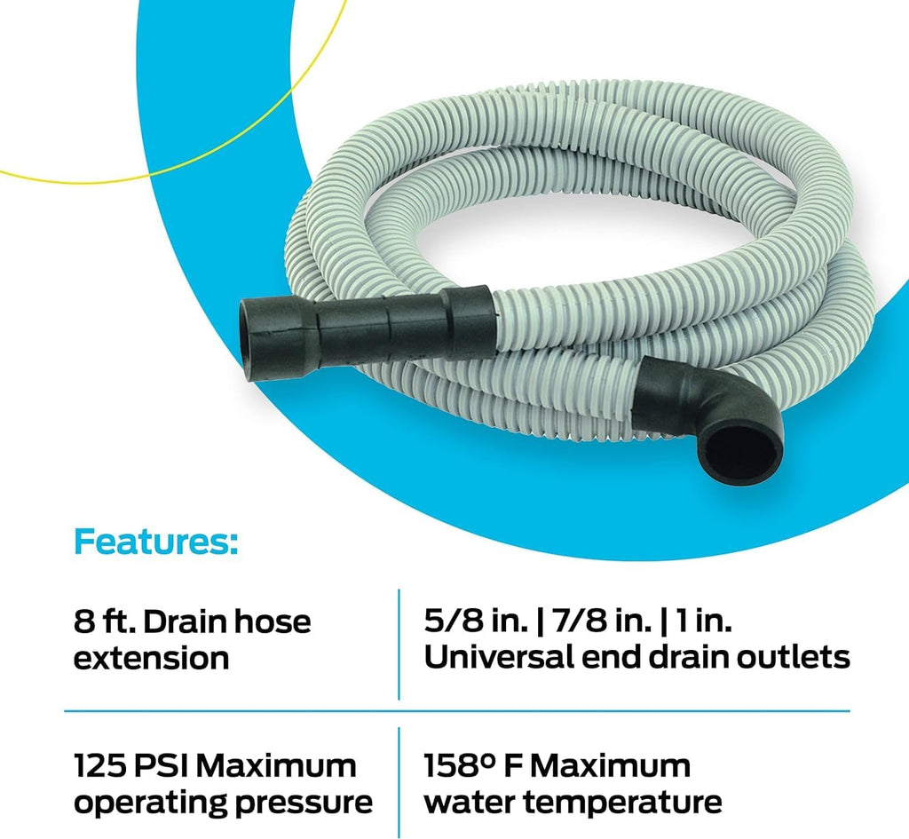 Eastman 8 Foot Dishwasher Drain Hose, Universal Fit with 5/8 In, 7/8 or 1 In OD Drain Outlet, 90 Degree Rubber Elbow, Corrugated, Gray PVC, 91218 (Pack of 8)