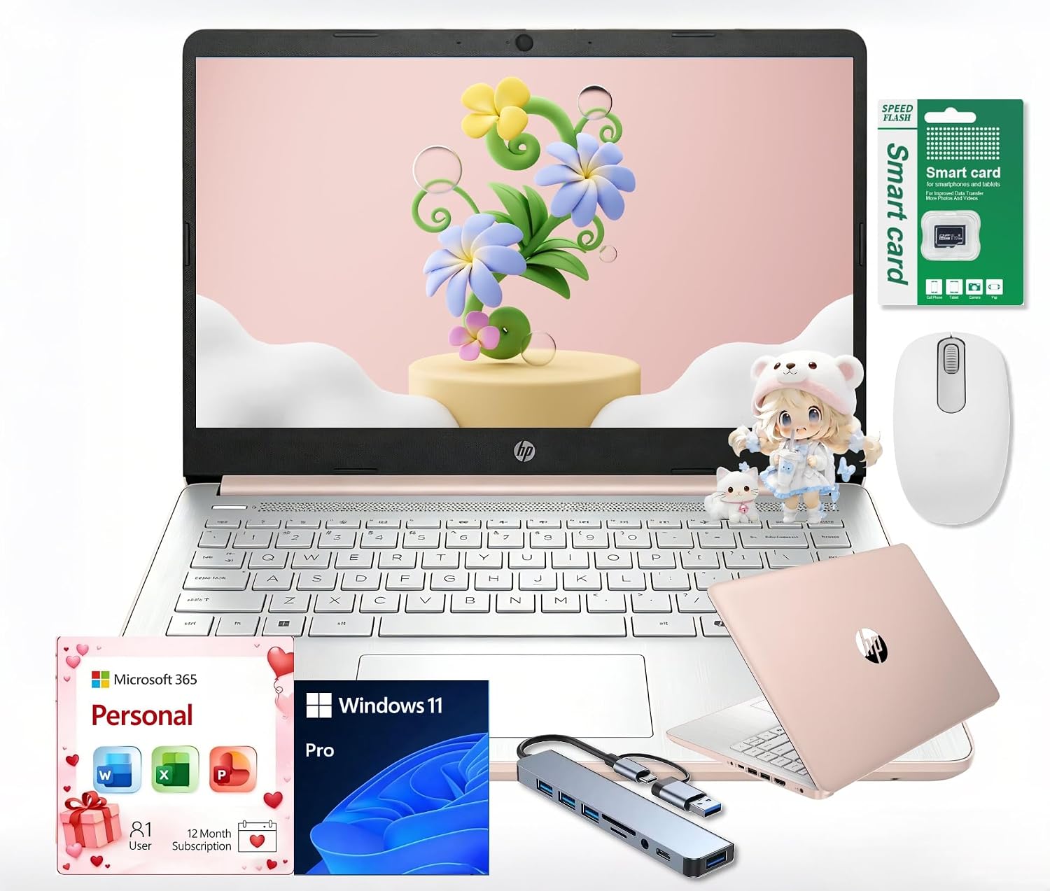 HP Ultra Thin 14' Laptop with Copilot, Intel N150, 8GB RAM, 384GB(128GB eMMC+256GB SD Card) • HUB • Mouse, Windows 11 Pro, 1-Year Office 365, Lightweight Rose Gold Notebook for Work & School
