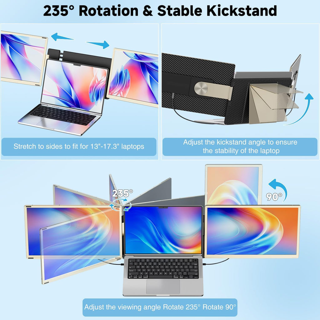 KEFEYA Laptop Screen Extender 15.6', FHD 1080P Portable Triple Monitor for Laptops 13-17.3', 120% sRGB 235° Rotation Detachable Laptop Monitor Extender for Windows/Mac/Dex/Chrome/Surface, Plug n Play