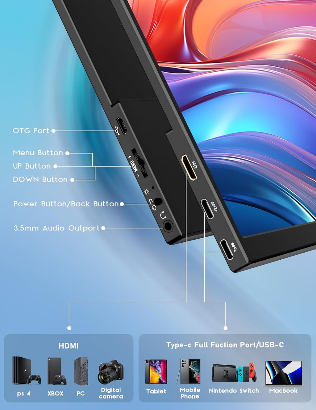 4K Portable Monitor, 13.4' 3840 * 2400 IPS Portable Monitor for Laptop, Slim Lightweight HDR Travel Screen USB-C HDMI w/Smart Cover for Laptop PS5/4 Xbox
