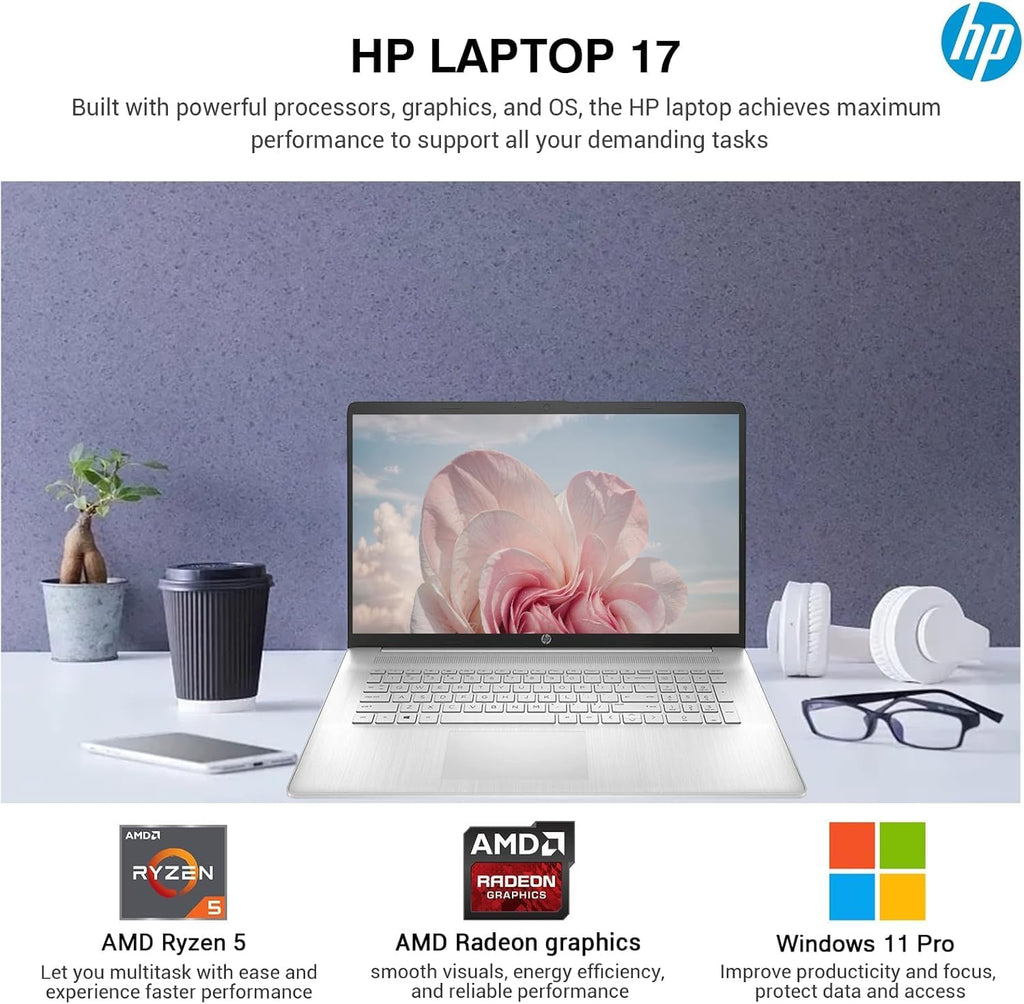 HP 17 Laptop Essential Computer, 17.3 IPS FHD Business PC, 6-Core AMD Ryzen 5, 16GB RAM, 1TB Storage (512GB SSD + 500GB Ext), Windows 11 Pro Copilot AI Lifetime Office, HubxcelAccesory, Number Pad