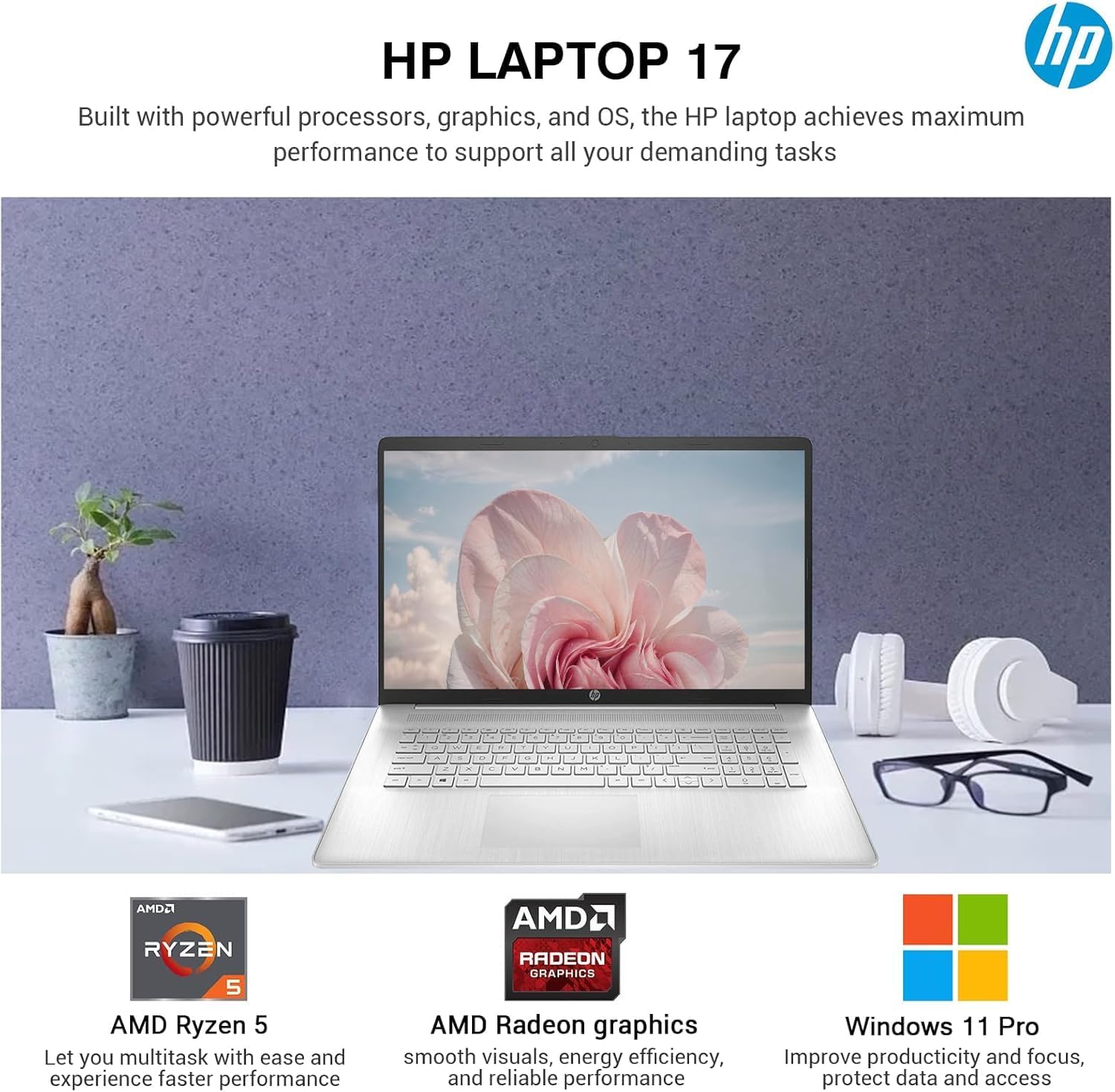 HP 17 Laptop Essential Computer, 17.3 IPS FHD Business PC, 6-Core AMD Ryzen 5, 32GB RAM, 1.5TB Storage (1TB SSD + 500GB Ext), Windows 11 Pro Copilot AI Lifetime Office, HubxcelAccesory, Number Pad