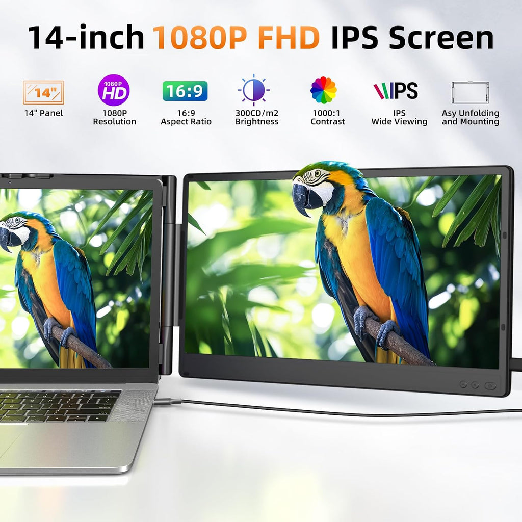 ZUMWALT Laptop Screen Extender, 14' Triple Portable Monitor for Laptop, 1080P FHD Screen Extender Monitors for 13'-16.5', Monitor Extender for MacOS/Windows/Chrome (Built-in Speakers)