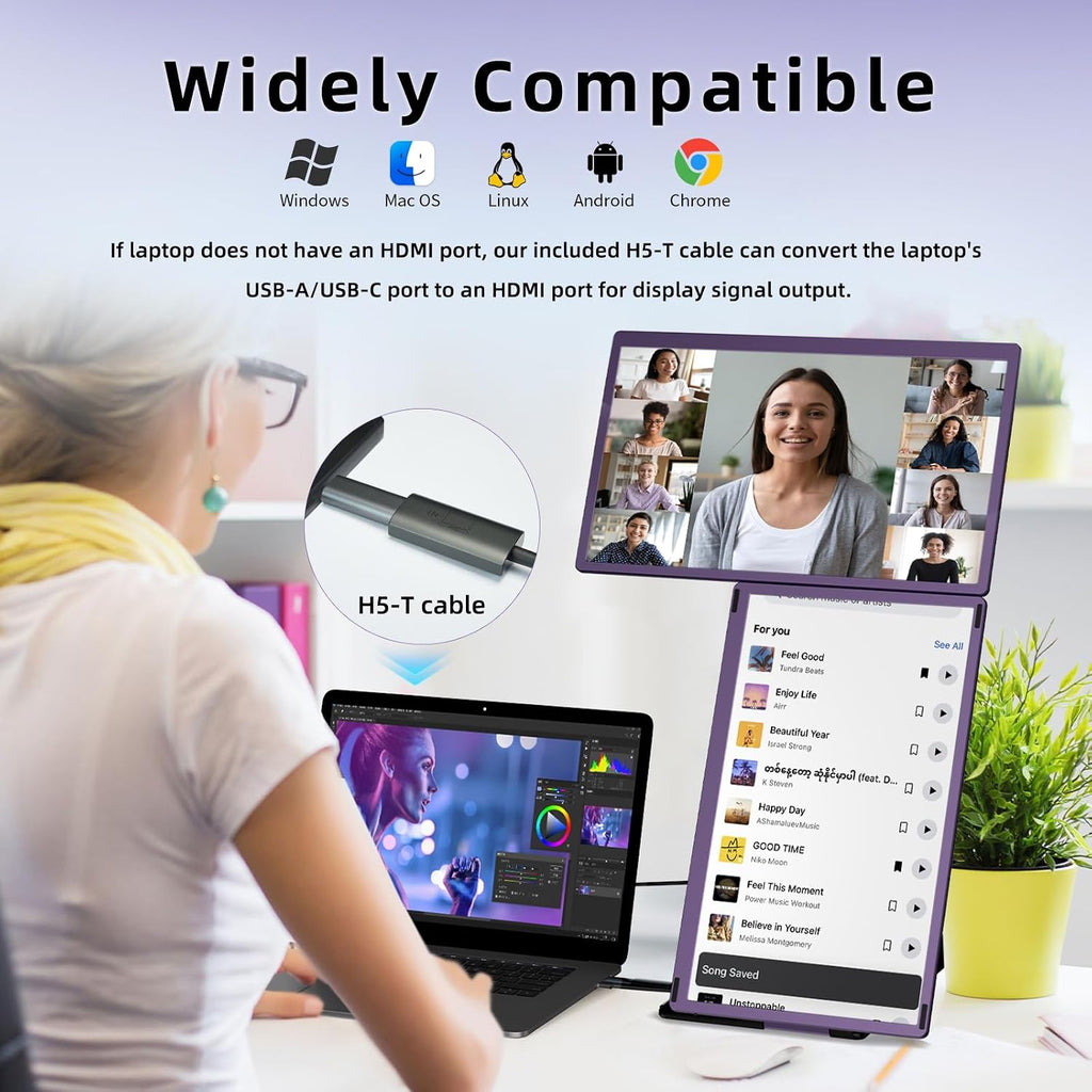 15.6' Laptop Screen Extender Monitor - Detachable Triple Monitor FHD 1080P IPS 120% sRGB 235° Rotation Travel Extra Screen Compatible with Wins Mac Chrome Dex Fits 13-17' Laptop