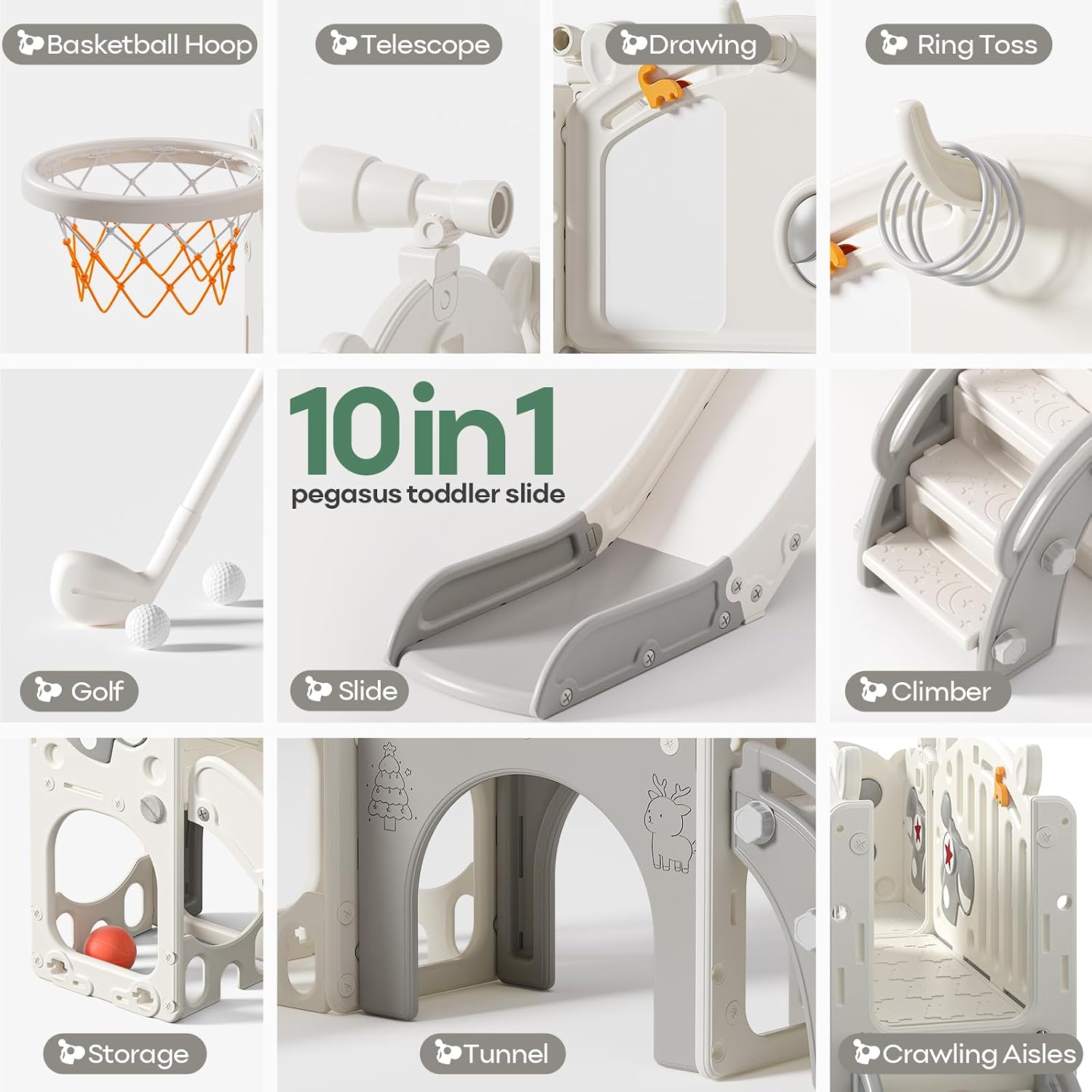 Mloong Toddler Slide for Kids - 10 in 1 Kids Slide for Toddlers Baby 1-3 Years Old, Indoor and Outdoor with Basketball Hoop Golf Drawing Set, Easy Assembly Elk Theme (Beige & Gray)(54×62×39in)