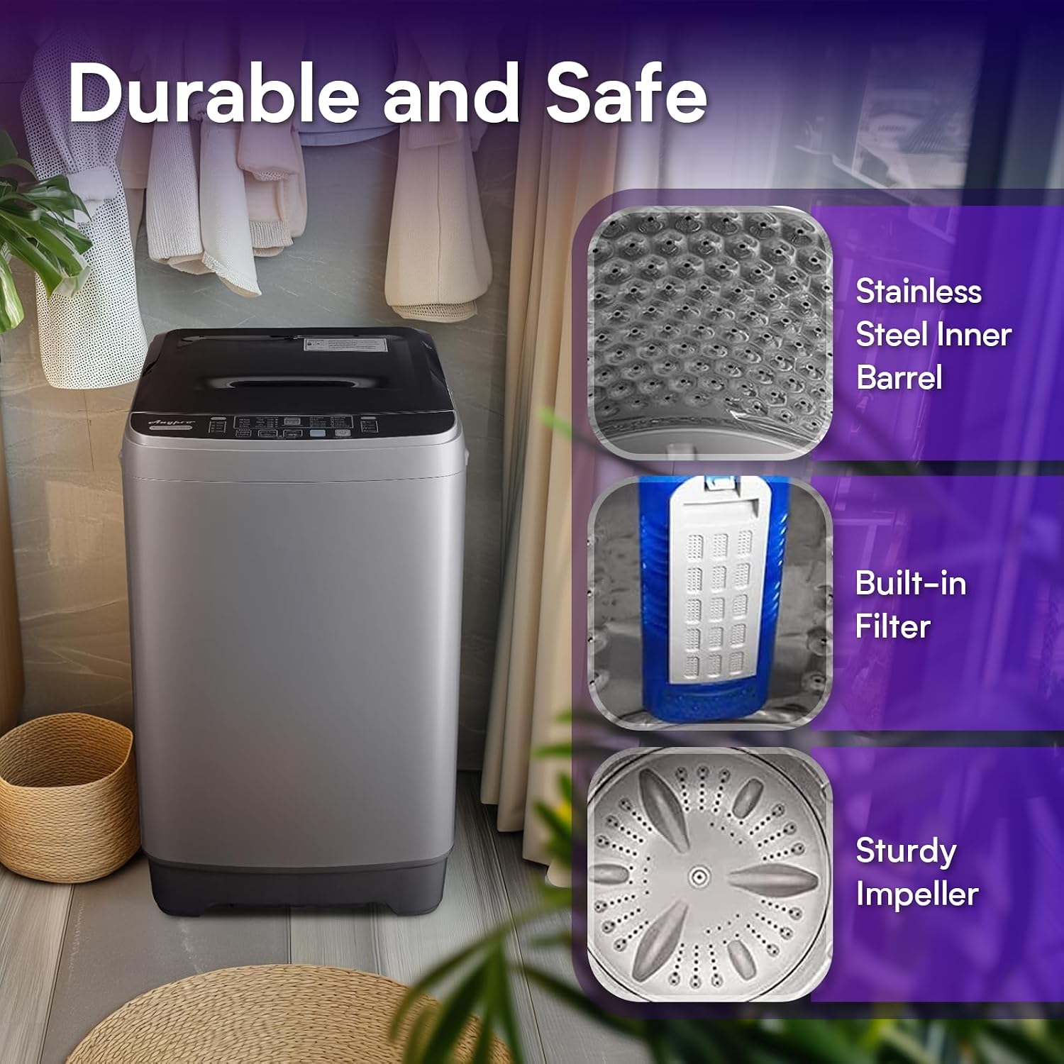 Anypro Portable Clothes Washing Machines 17.8LBS Full Automatic Washer and Spinner Combo with 10 Programs and 8 Water Levels, Compact Laundry Wash Machine for Apartment RV Dorm Home, Grey