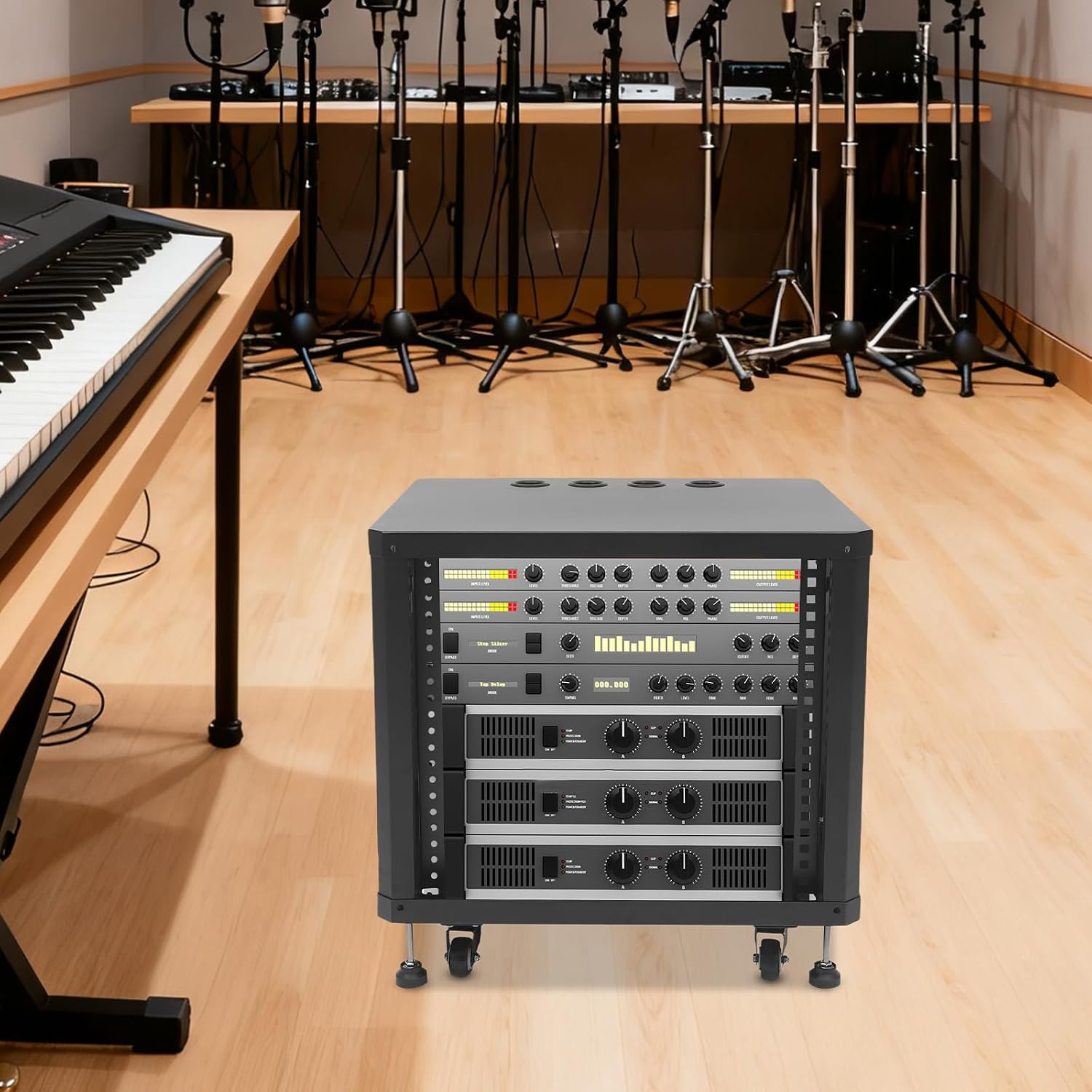 Network & Stereo Rack, 9U Steel Open Frame Home Studio Rack with Caster Wheels, Video Stage Stereo Equipment Storage Cabinet Stand On Wheels for Audio Video, Server and Network Gear