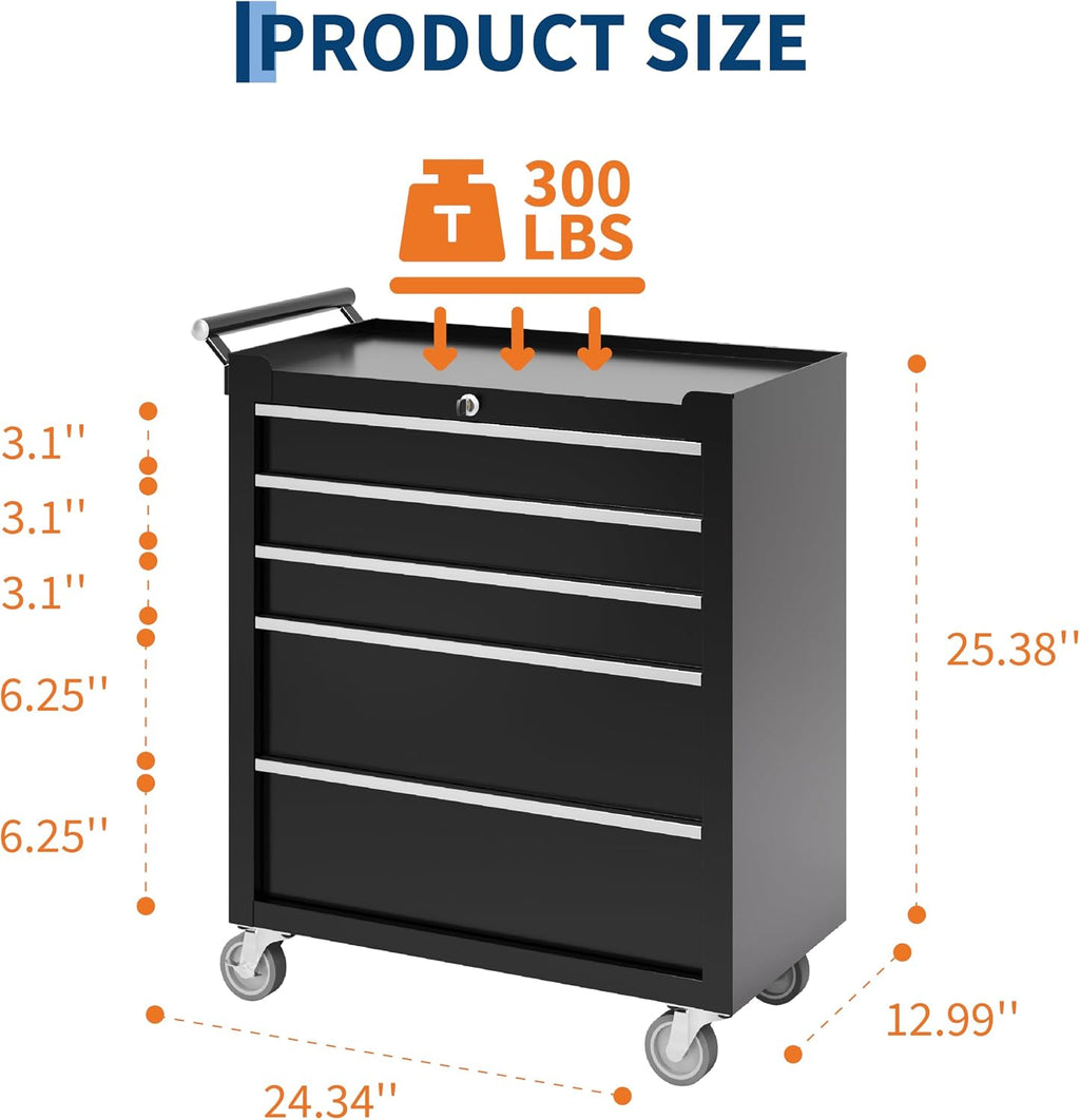 Garvee Rolling Tool Chest, 5 Drawers Tool Storage Cabinet, Toolbox with Wheels, Portable Tool Cabinet Organizer with Locking System & Drawer Liners, Tool Storage Cart for Garage, Workshop, Black