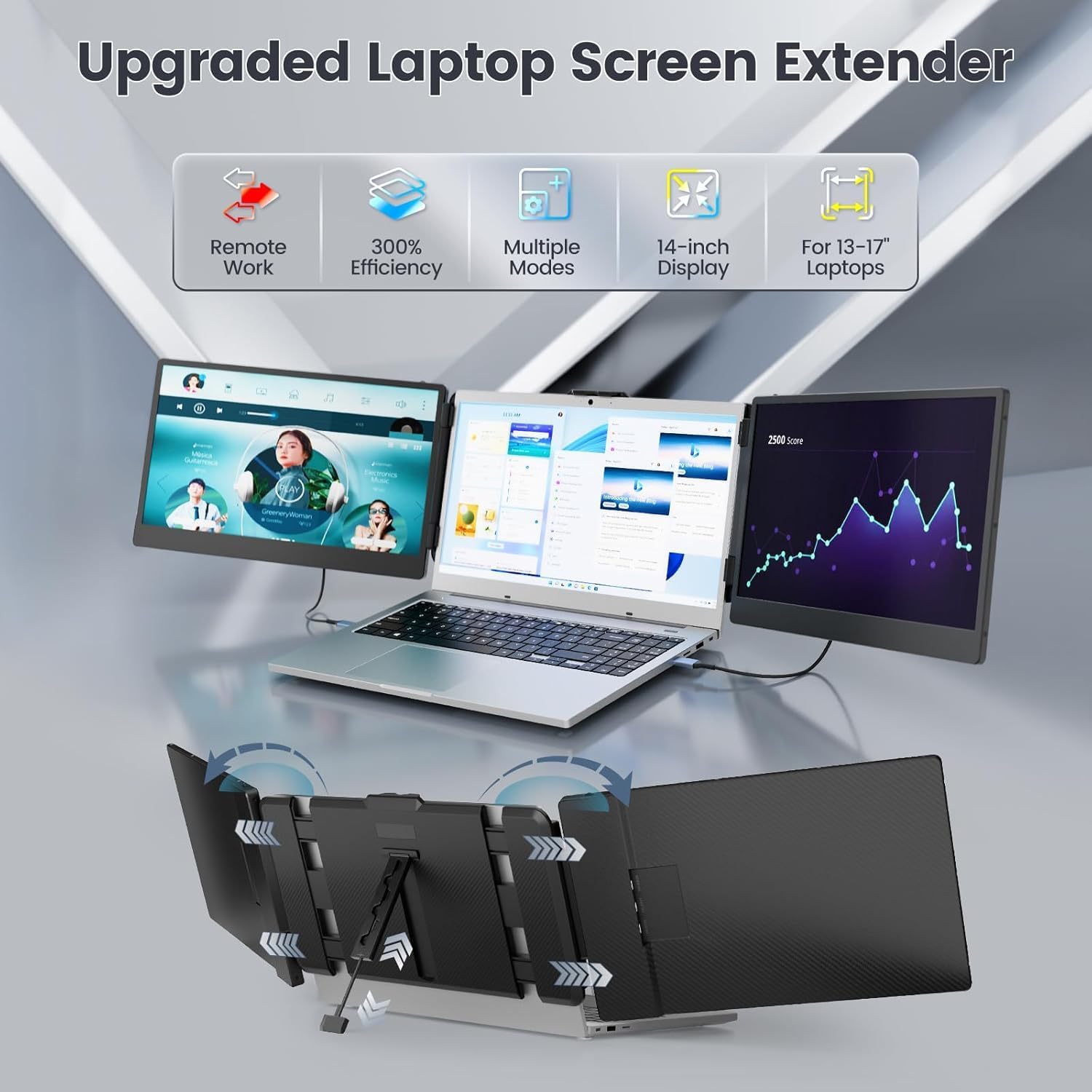 Teamgee 14' Laptop Screen Extender, FHD 1080P IPS Triple Portable Monitor for 13''-17' (Diagonal) Laptop, HDMI/USB-A/Type-C Plug & Play, Built-in Speakers & Adjustable Stand, for Mac/Wins/Android/Dex