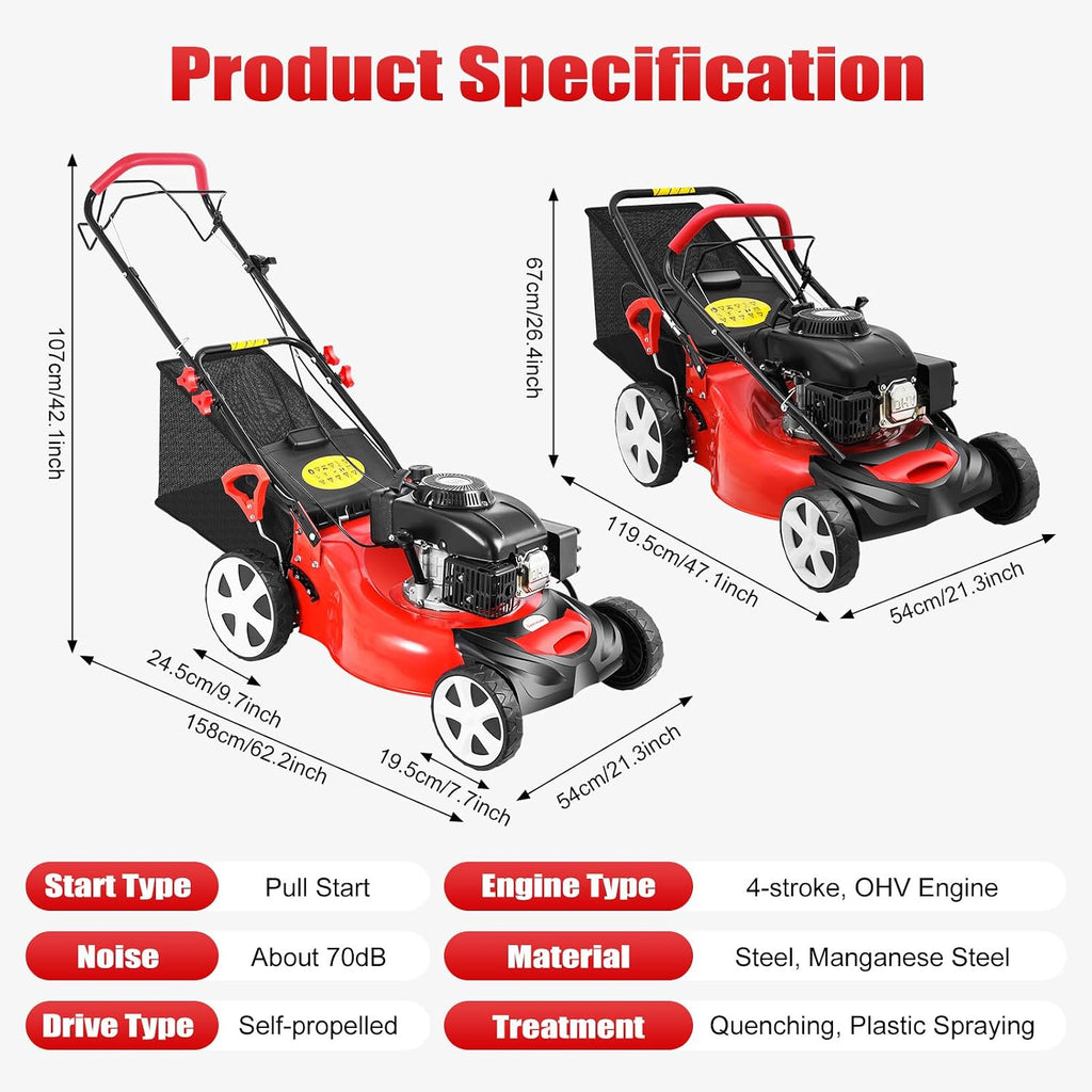 20In 6HP Gas Lawn Mower Self Propelled, 140cc 4-Stroke Gas Push Mower, with 1.6L Fuel Tank, 8 Adjustable Heights, Ideal for Small to Medium Sized Gardens