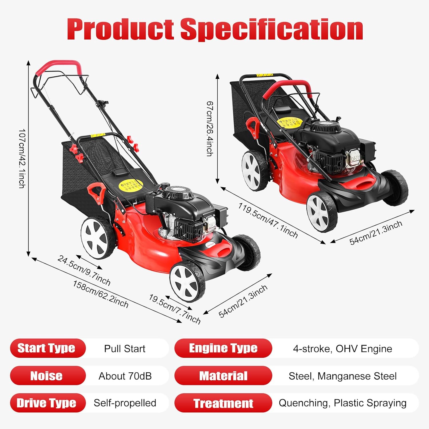 20In 6HP Gas Lawn Mower Self Propelled, 140cc 4-Stroke Gas Push Mower, with 1.6L Fuel Tank, 8 Adjustable Heights, Ideal for Small to Medium Sized Gardens