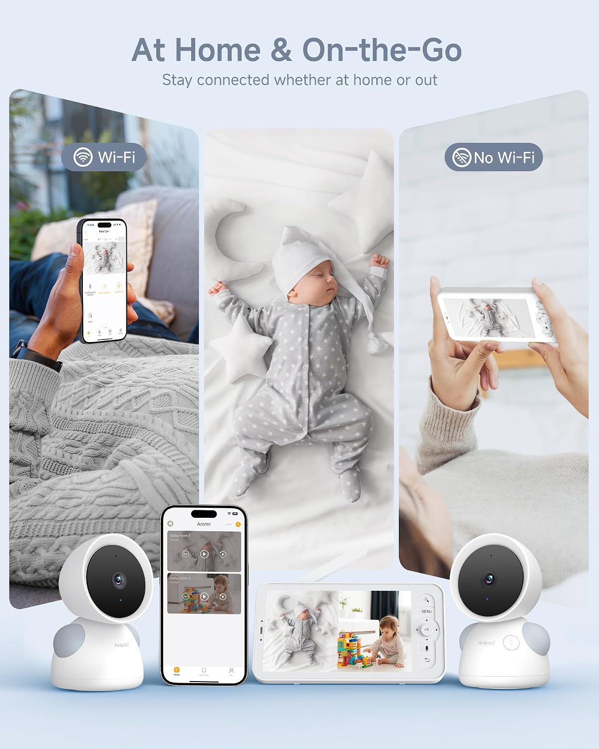 ARENTI Baby Monitor with 2 Cameras, 2K/3MP WiFi 6 Camera and Audio, 5-inch Wireless Screen, Smartphone App, Super Night Vision, Crying Detection, Auto Tracking, Temp&Humidity Sensor (D3 Set)