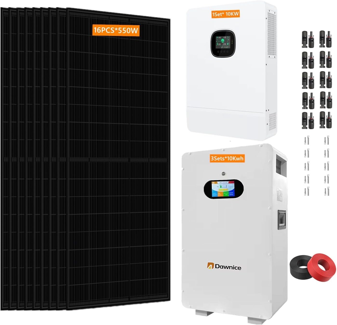 10KW Off Grid Solar System Complete Kit with 16PCS*550W Solar Panels 48V 10KW Off Grid Inverter 2Sets 51.2V LiFeP04 Battery (16pcs*550W+1 * 10KW Inverter+3Sets*10kwh Battery)