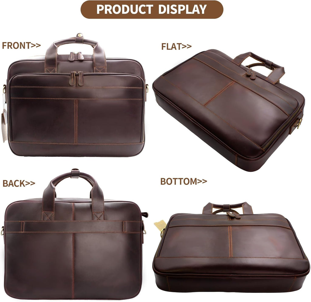 Jack&Chris Full Grain Leather Briefcase for Men, Business Messenger Bag Laptop Bag Attache Case, Fits 15.6 Inch Laptop