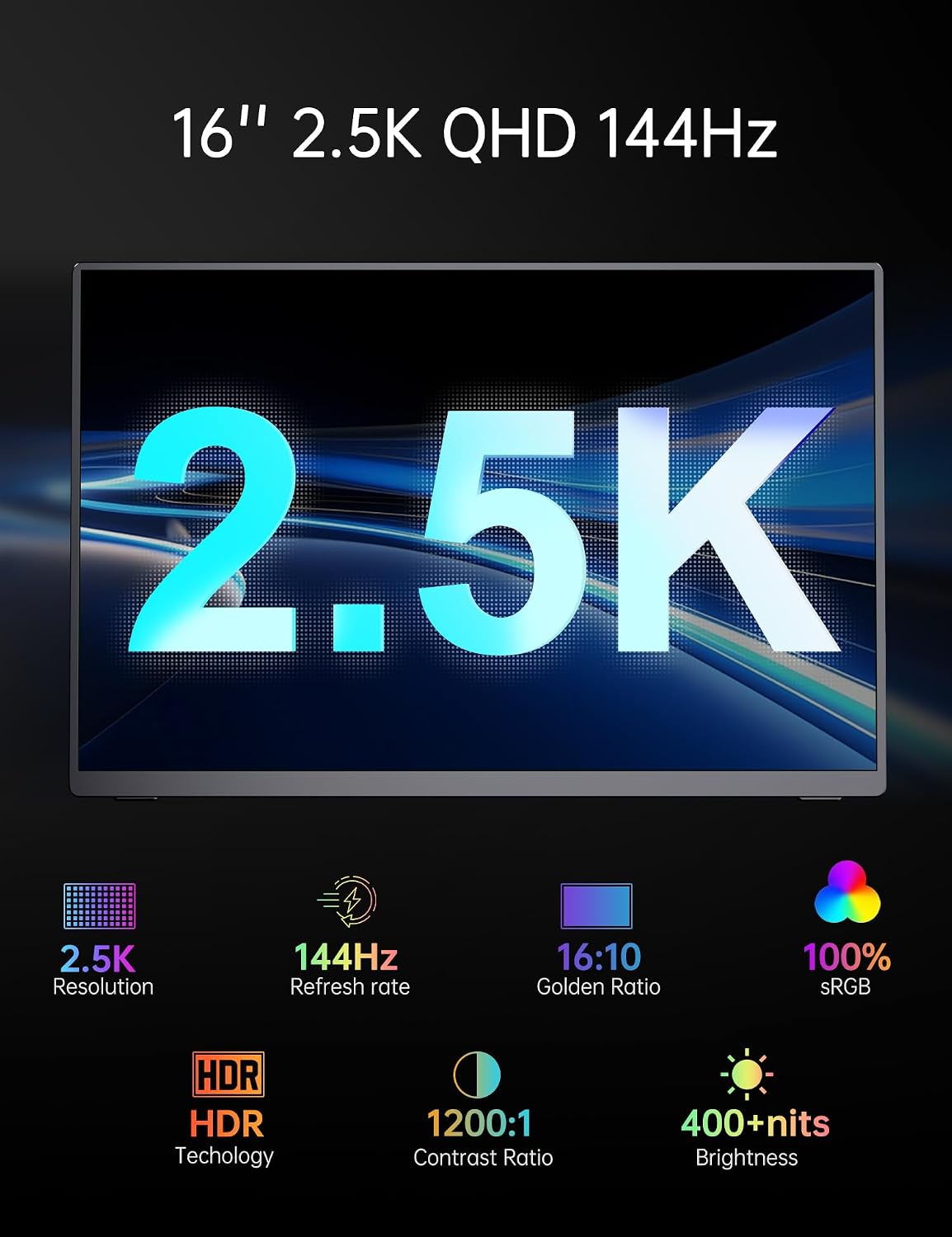 Portable 2K 144Hz Monitor, 16' 2560x1600 QHD Gaming HDR FreeSync, Ultra Slim Travel Screen w/Kickstand & Speaker for Laptop Switch Xbox PS5/4