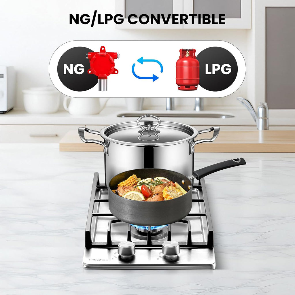 2 Burner Propane Stove, Hibghse 12 Inch Gas Cooktop Built-in Gas Stove NG/LPG Convertible Stainless Steel Stove Burner with Thermocouple Protection for Kitchen, Apartment, Outdoor, RVs