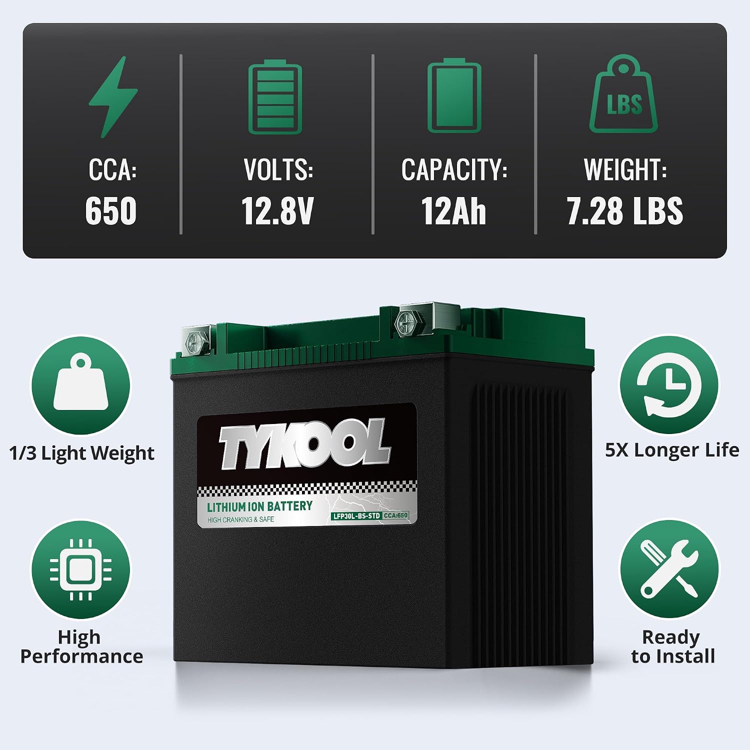TYKOOL LFP30L-BS-STD Lithium Battery, Replaces YTX30L-BS, 650CCA 12Ah Fits for Motorcycle UTV ATV PWC, Compatible with Harley Touring Road King Moto Guzzi 1000cc Polaris Ranger RZR 800,Digital Readout