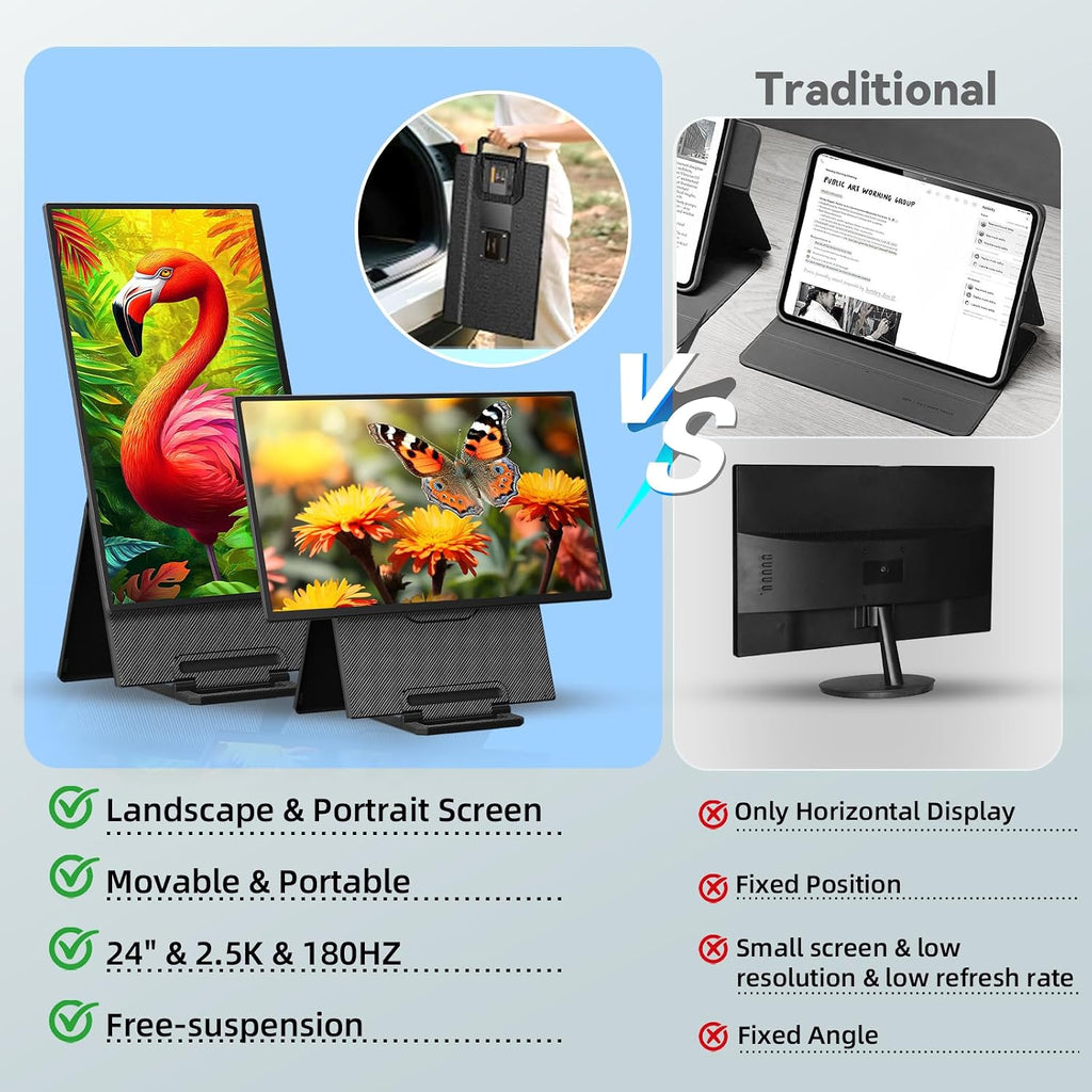 24' 180Hz Gaming Monitor, 2.5K 2560x1440 QHD Fast IPS 112.5% sRGB Large Portable Monitor, Height & Rotation Adjustable Stand Type-C HDMI Eye Care External Screen for Laptop Phone PS4&5 Switch Xbox