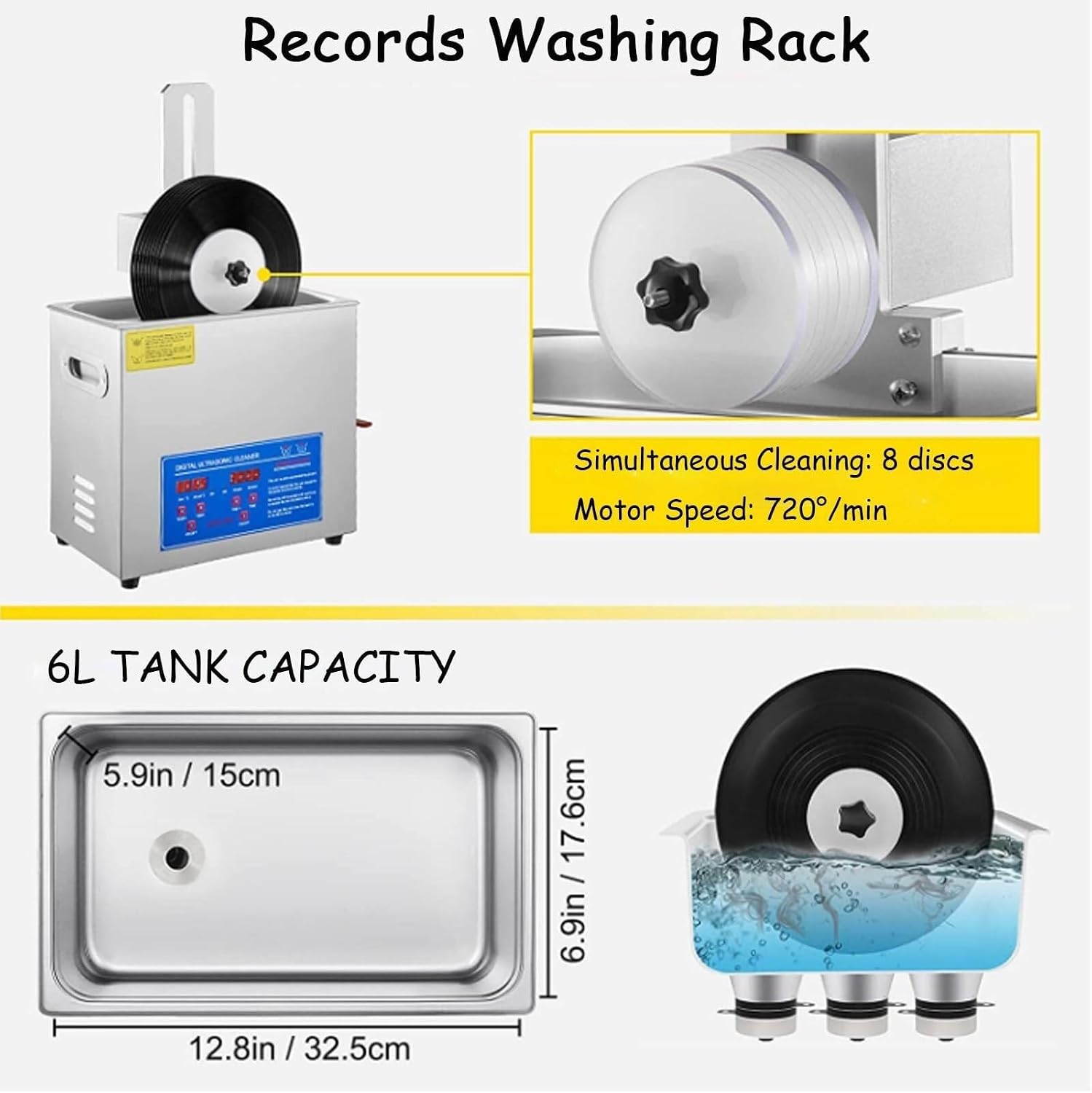 Phonograph Disc Ultrasound Washing Machine, 8 Records Vinyl Sonics Cleaner, for Ring, Commercial Ultrasonic Cleaner