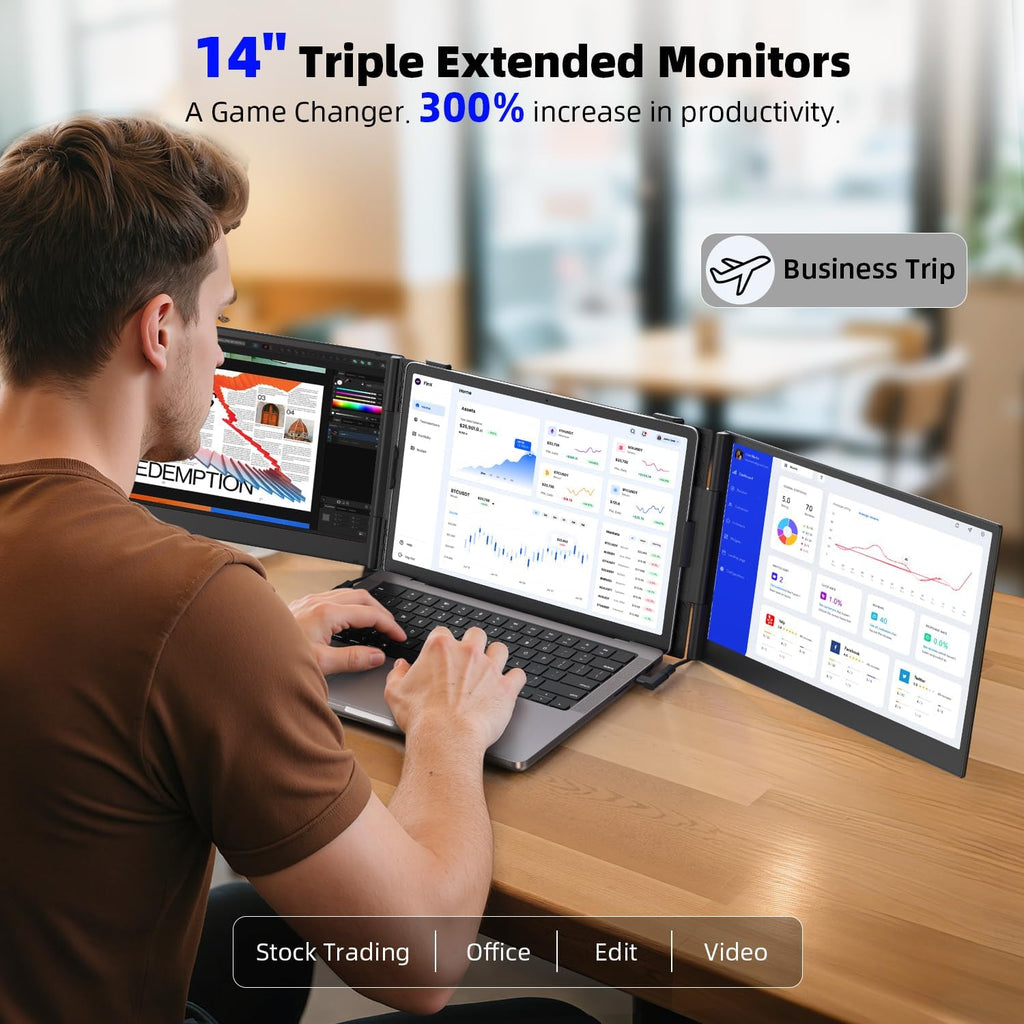 14' Triple Laptop Screen Extender - Ultra Thin & Lightweight (2.2lb) Portable Monitor For Laptop, FHD 1080P Travel Display 13-17' Laptops, Plug & Play USB-C/HDMI, Aluminum Extended Screen for Mac/Win