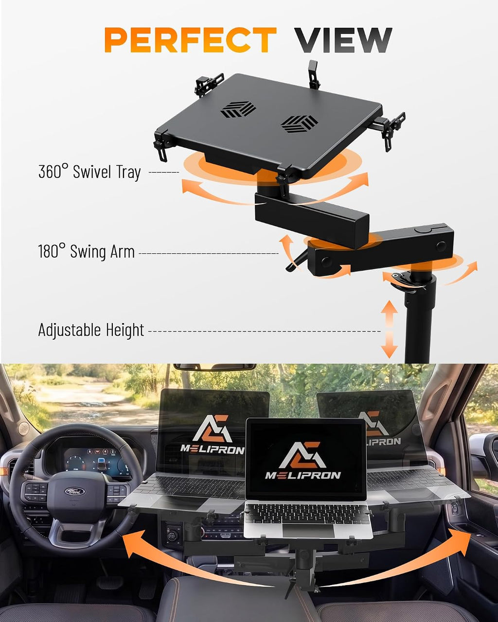 MELIPRON Truck Laptop Mount for Cars, Vans, Vehicles, No-Drill Computer Stand with Adjustable Height, Full Motion Swivel, Heavy-Duty Laptop Holder for Mobile Work