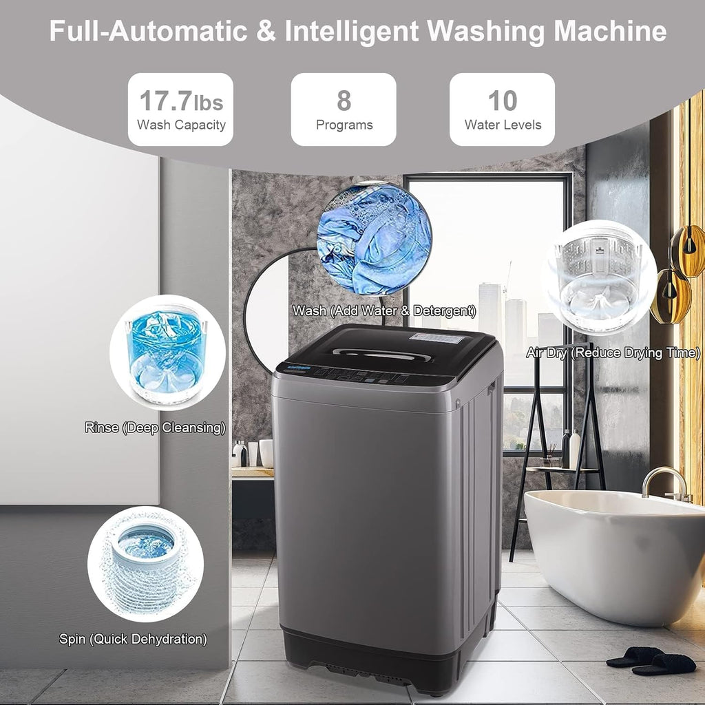 17.7 lbs Full Automatic Washing Machine with LED Display Compact Washing Machine with Drain Dump, 10 Wash Programs and 8 Water Levels Ideal for Dorms, Apartments, RV, Grey