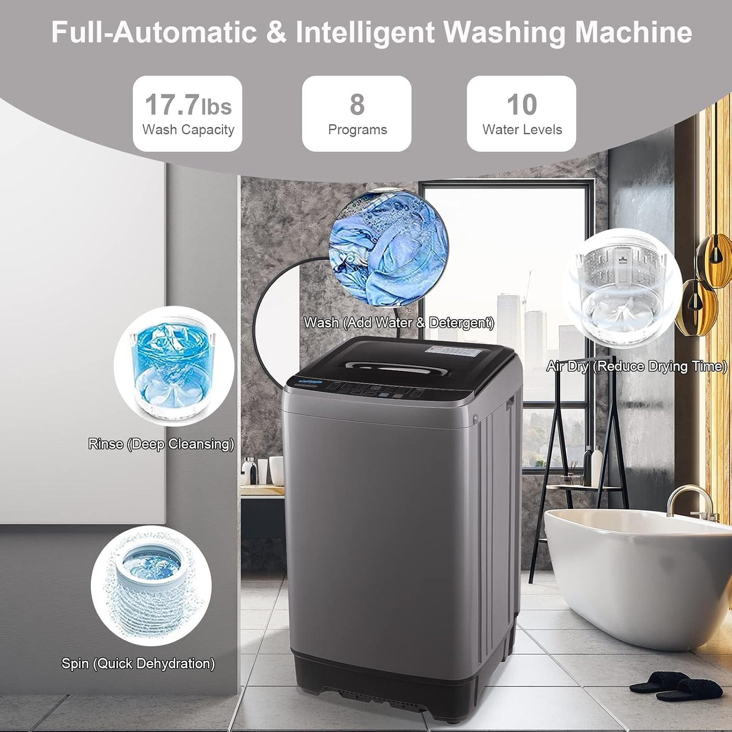 17.7 lbs Full Automatic Washing Machine with LED Display Compact Washing Machine with Drain Dump, 10 Wash Programs and 8 Water Levels Ideal for Dorms, Apartments, RV, Grey