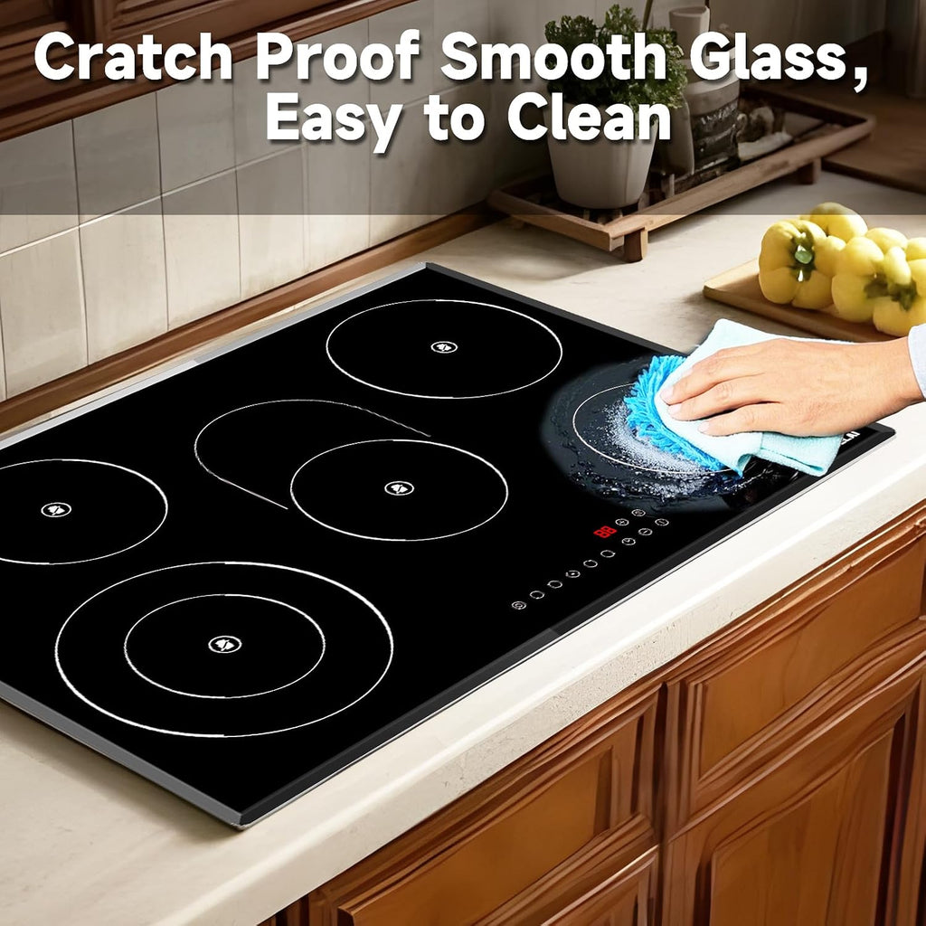 30 Inch Electric Cooktop 5 Burners, 30' 8500W Infrared Cooker with Touch Control & Timer, Built-in/Countertop 9 Power Levels, Child Lock, Auto Safety, Easy-Clean Glass (No Plug)