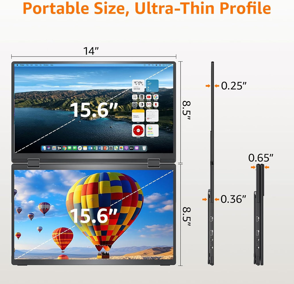 Upperizon Portable Monitor Foldable Dual Screen 15.6 inch FHD 107% sRGB IPS HDMI USB-C Travel Monitor for Laptop Mac PC Windows, DisplayLink Stacked Screen Extender with Kickstand, VESA Compatible