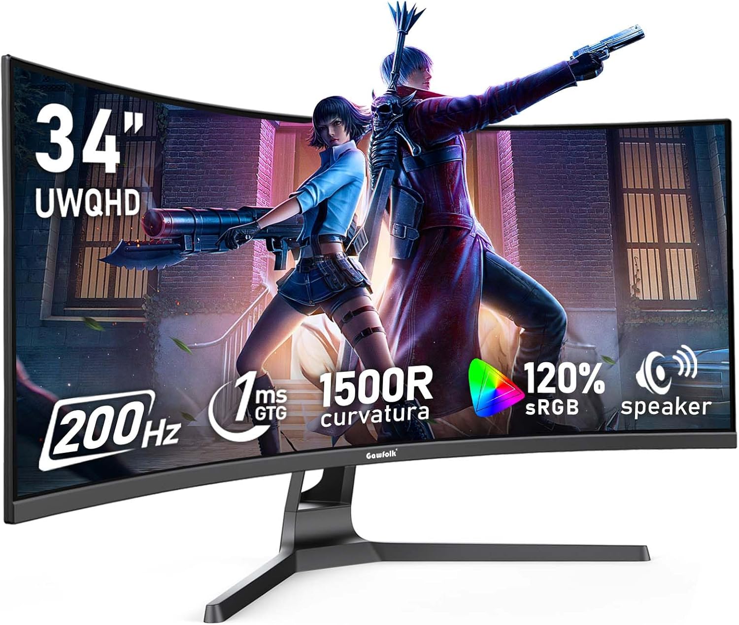 Gawfolk 34 Inch Ultrawide Curved 200Hz Gaming Computer Monitor,1500R PC Screen 21:9 UWQHD (3440x1440),120% sRGB,Adaptive Sync,Built-in Speaker,Display Port、HDMI,Compatible with Wall mounting -Black