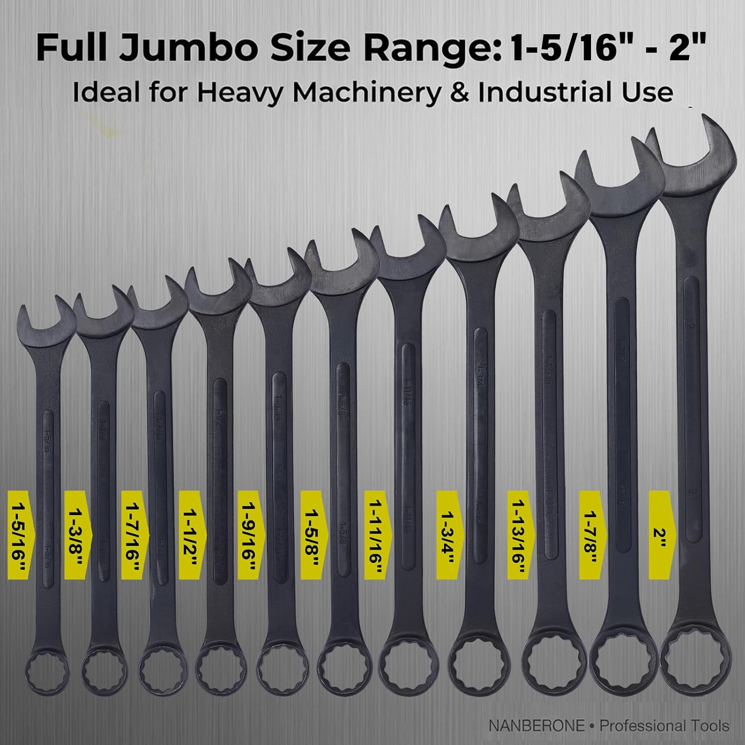 11PC Jumbo Combination Wrench Set, SAE 1-5/16'–2', Heavy-Duty Cr-V Steel, Black Oxide Finish, Full-Range Extra Large Wrench Kit with Pouch