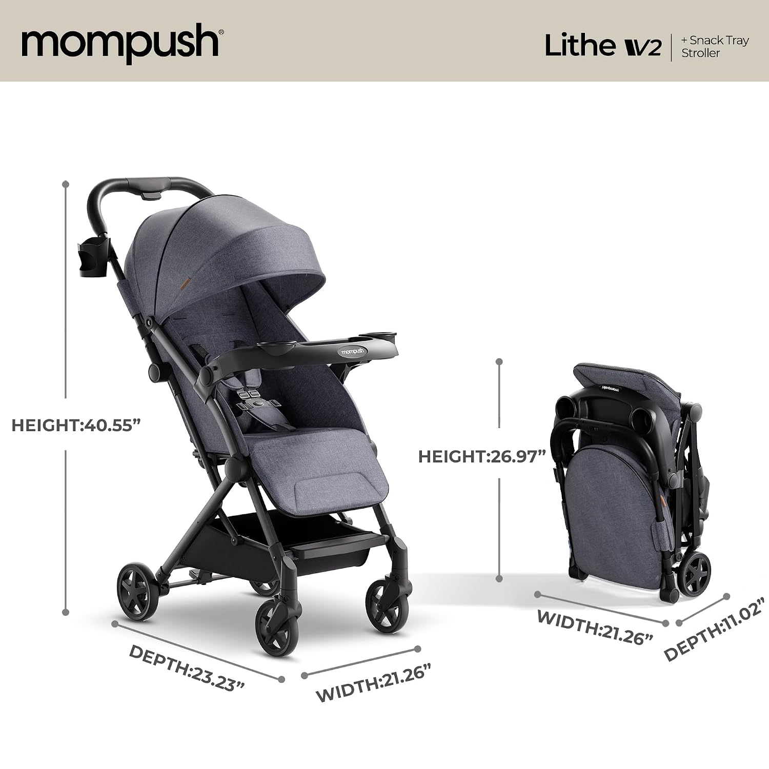 Mompush Lithe V2 Lightweight Travel Stroller, Compact Foldable Baby Stroller with Travel Bag, One-Hand Fold Stroller, Snack Tray, Mechanical Recline Seat, Airplane-Ready, UPF 50+ Canopy & Rain Cover