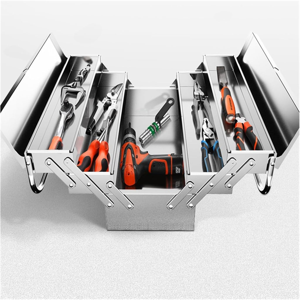 Toolbox Portable Stainless Steel Tool Box with 3 Level Fold Out Organizer Storage - Heavy Duty Metal Frame with Smooth Metal Cantilever latchets- Hand Carry Tool Box
